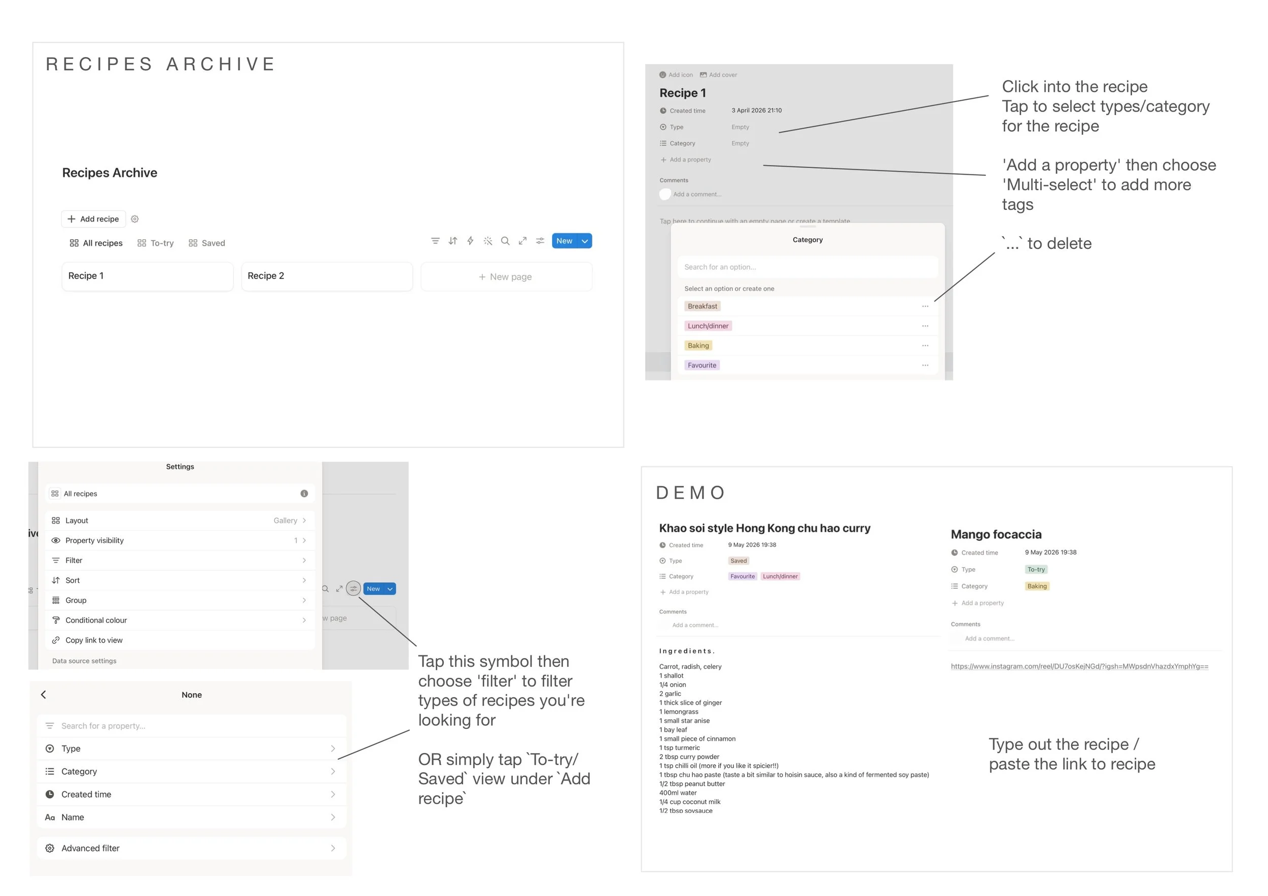 Screenshots of a recipe management app showing instructions for adding recipes, categorizing, filtering, and pasting recipe details.