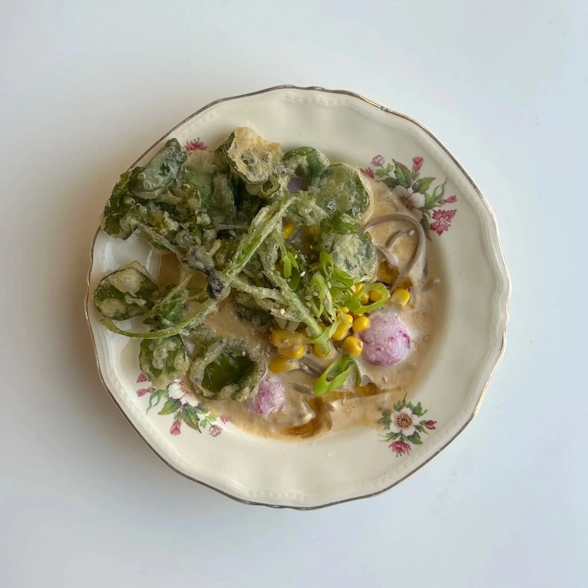 Sweetcorn miso soba &amp; watercress tempura 