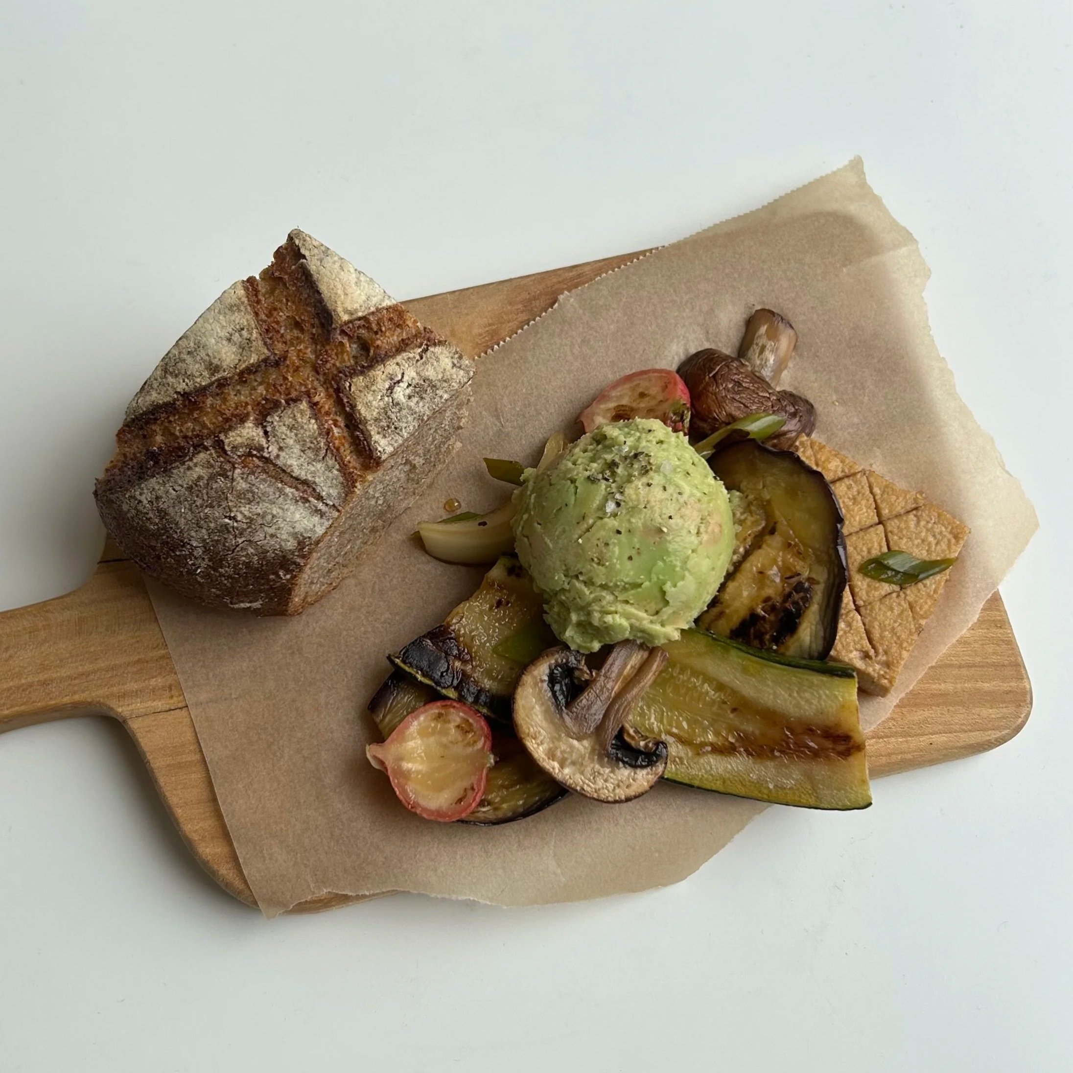 Japanese marinated grilled vegetables &amp; avocado ‘ice cream’