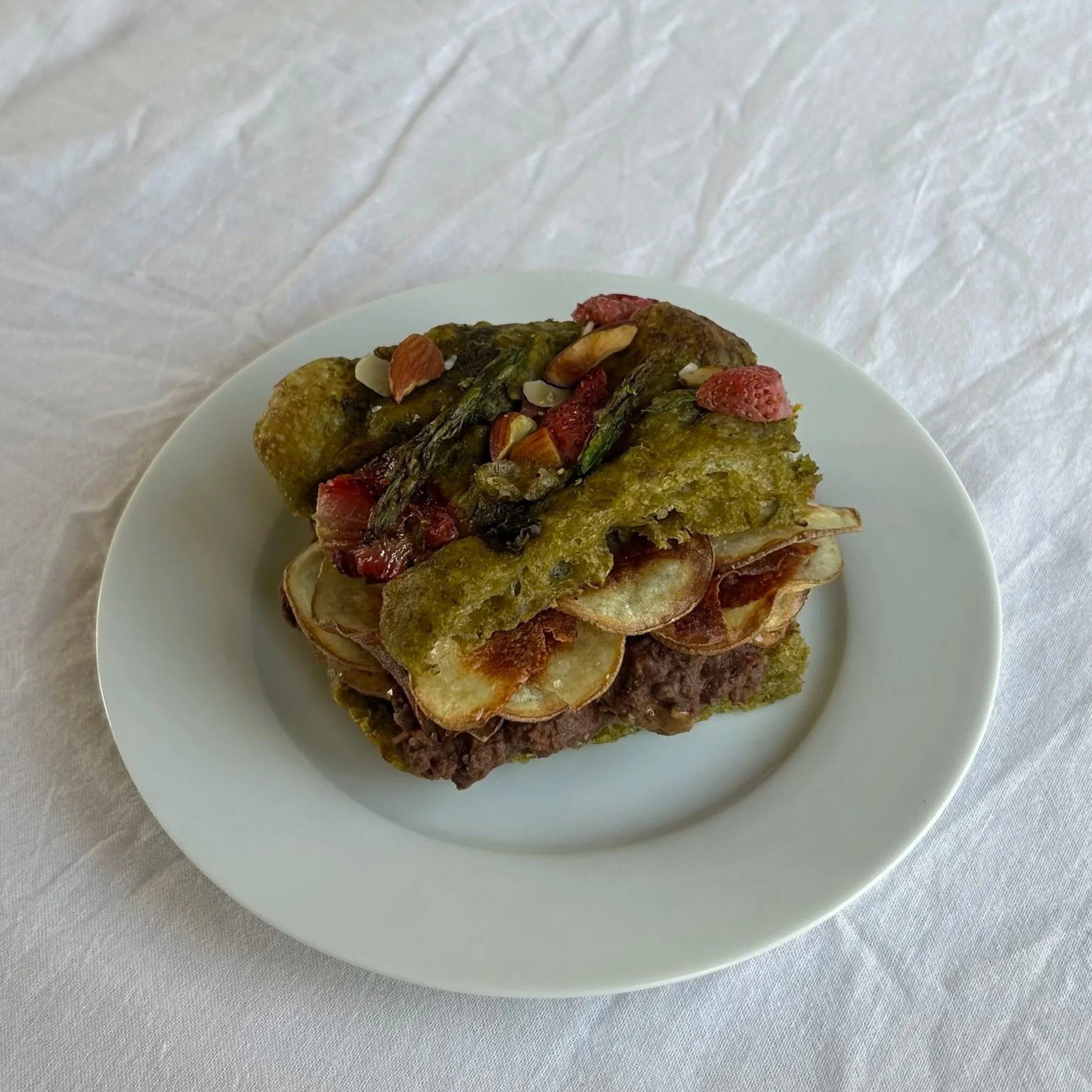 Chocolate butterbean puree &amp; potato chips pesto focaccia