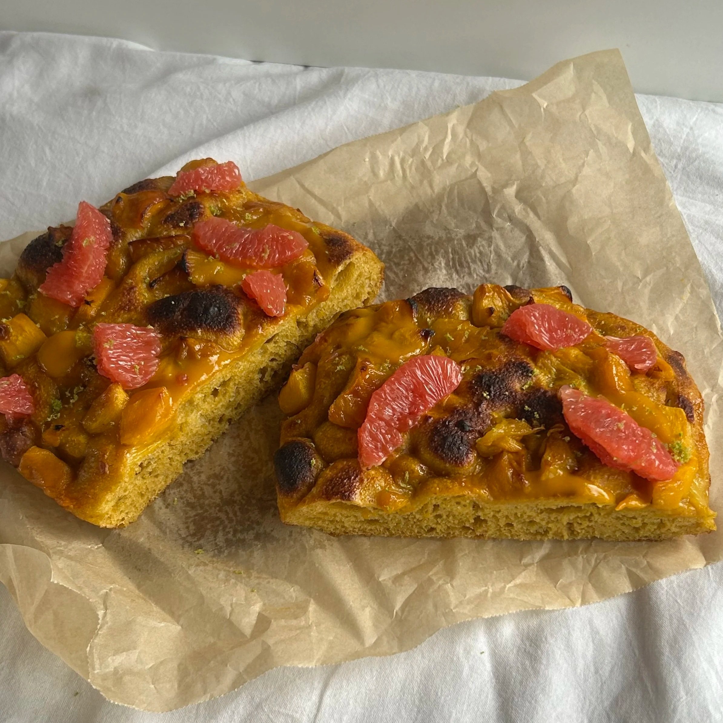 Mango focaccia &amp; coconut lime icing