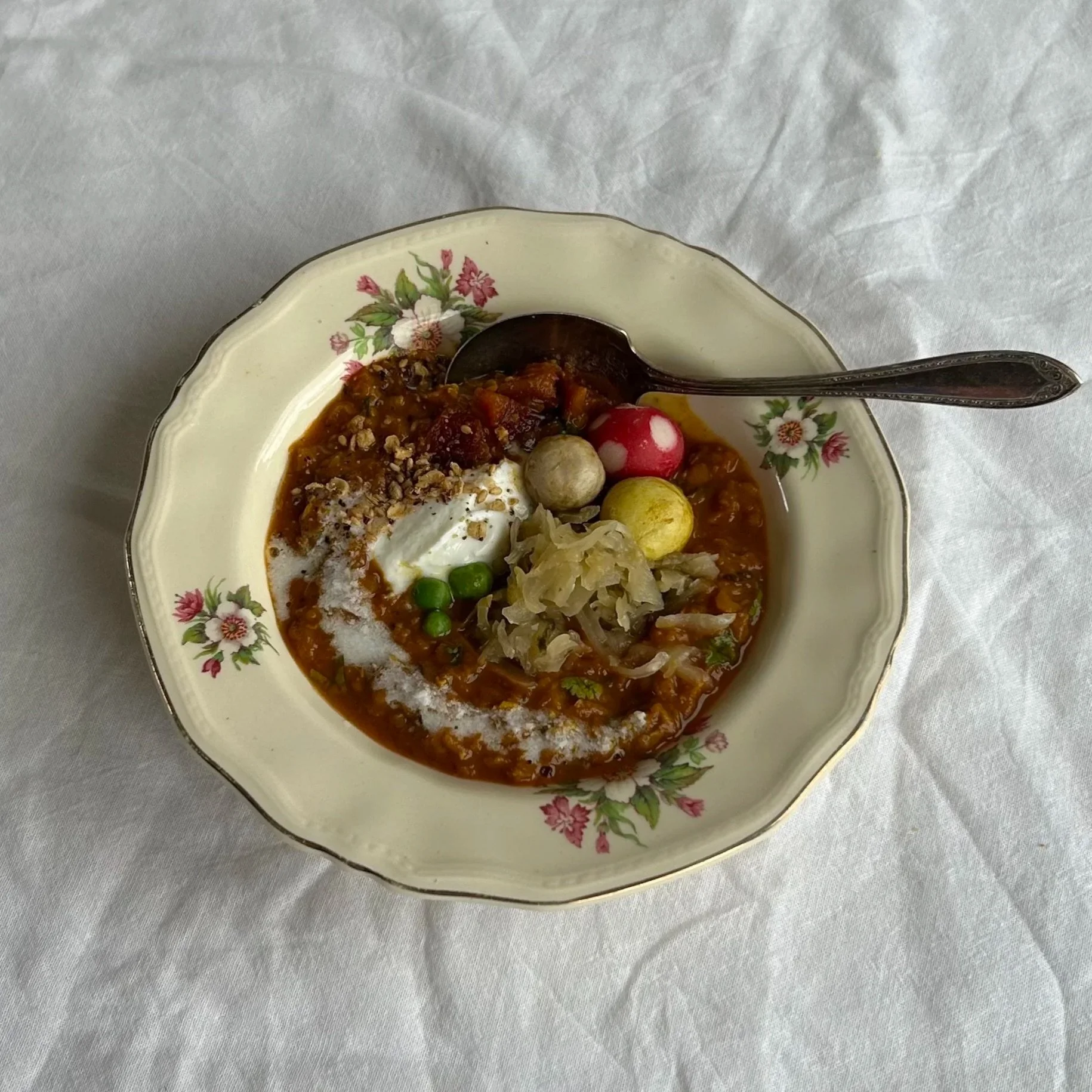 Coconut beetroot dal with sauerkraut