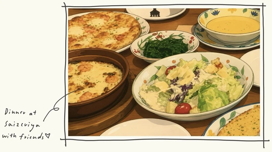 An illustration of a dinner table with pizza, salad, soup, and other dishes, labeled 'Dinner at Saizuruiga with friends' with a small heart icon.
