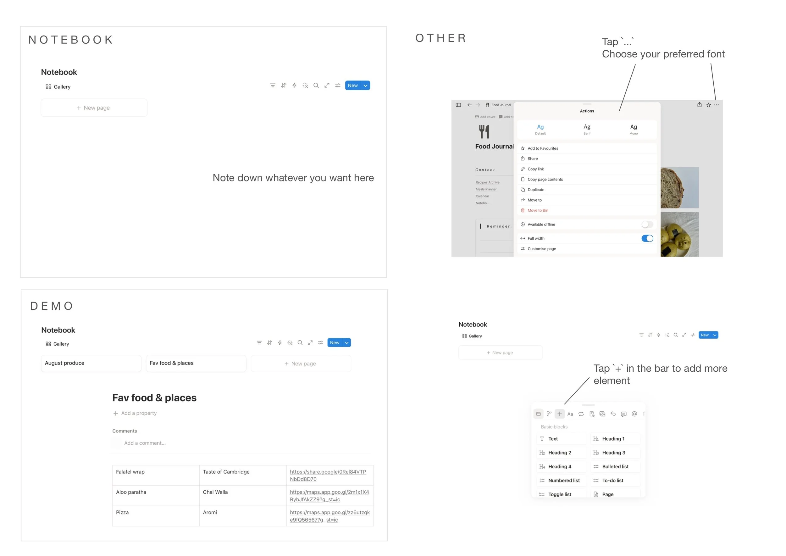 Screenshot of a note-taking app with various pages, including sections labeled 'Notebook,' 'Other,' and 'Demo.' The pages contain text, links, and options for editing, organizing, and customizing notes, along with images of food.