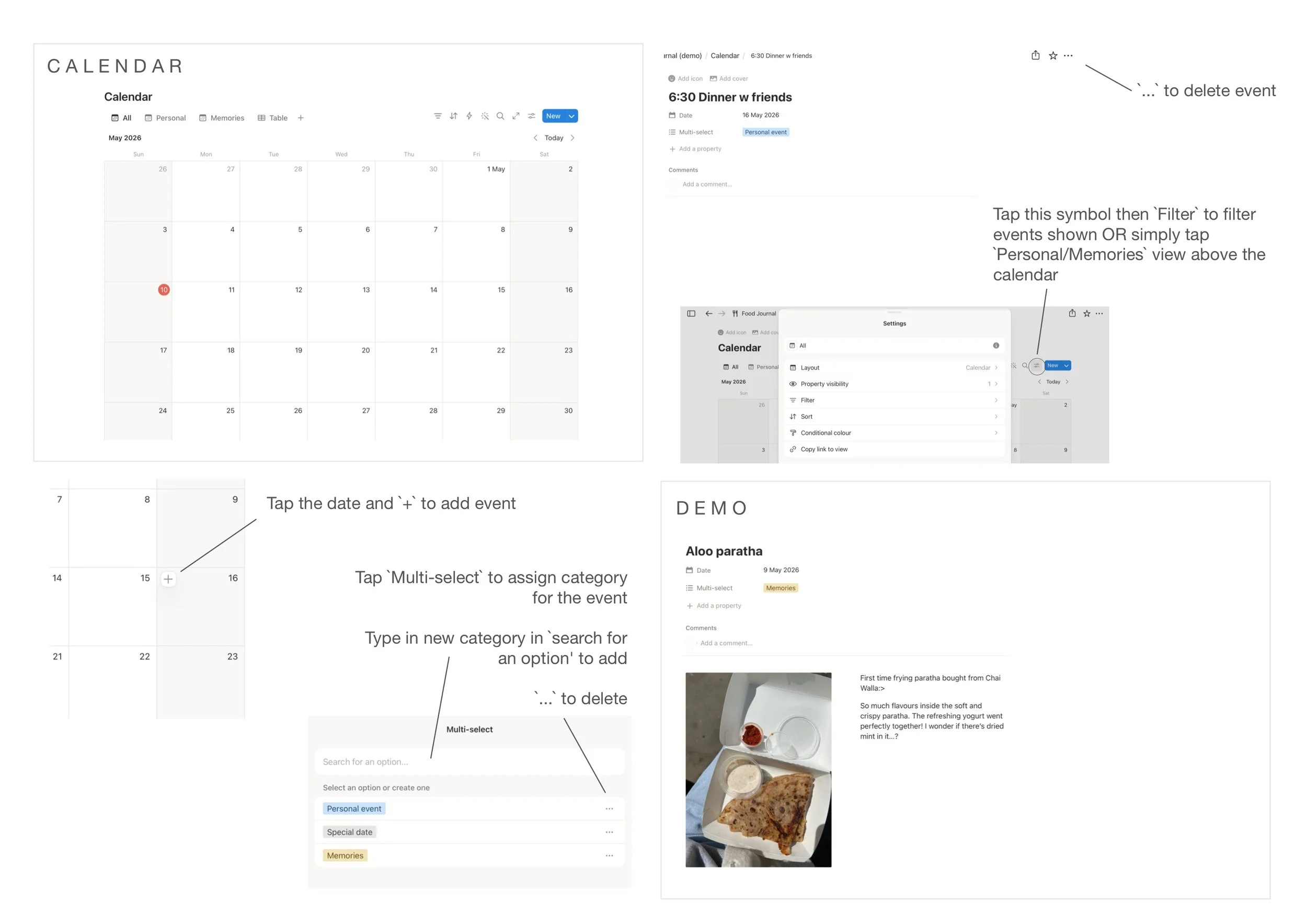 Screenshots showing instructions for managing a digital calendar, including adding, deleting, and filtering events, with a section displaying a photograph of a meal with naan bread, dipping sauces, and a drink.