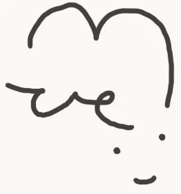 A simple black line drawing of a thought bubble with the word 'love' inside, and two small dots below it.