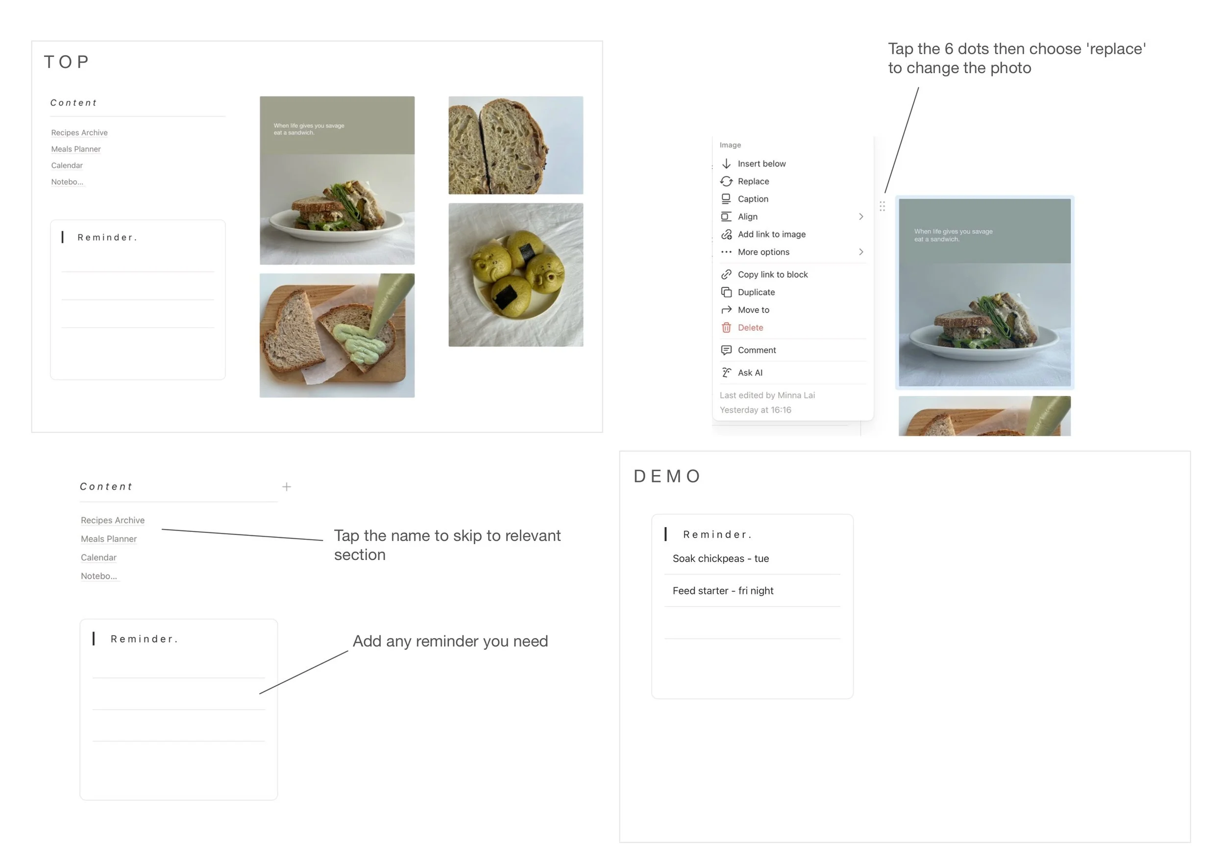 A digital screenshot of a computer interface with photos of food items, including sandwiches, bread, and pastries, along with menu options and instructions for editing the images.