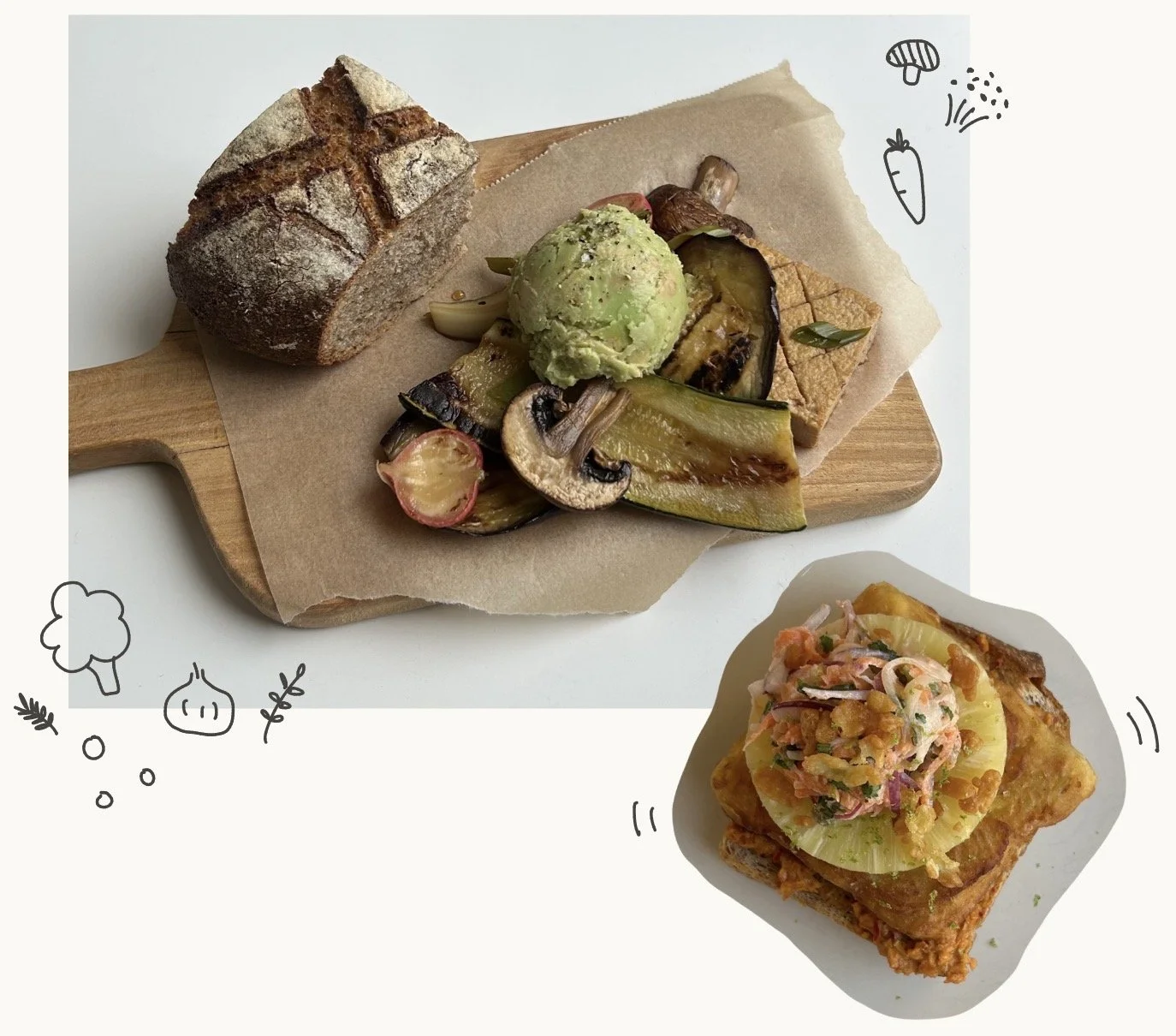 A serving of grilled vegetables with a scoop of green ice cream and slices of bread on a wooden cutting board, and a slice of toast topped with vegetables and herbs on a white plate.