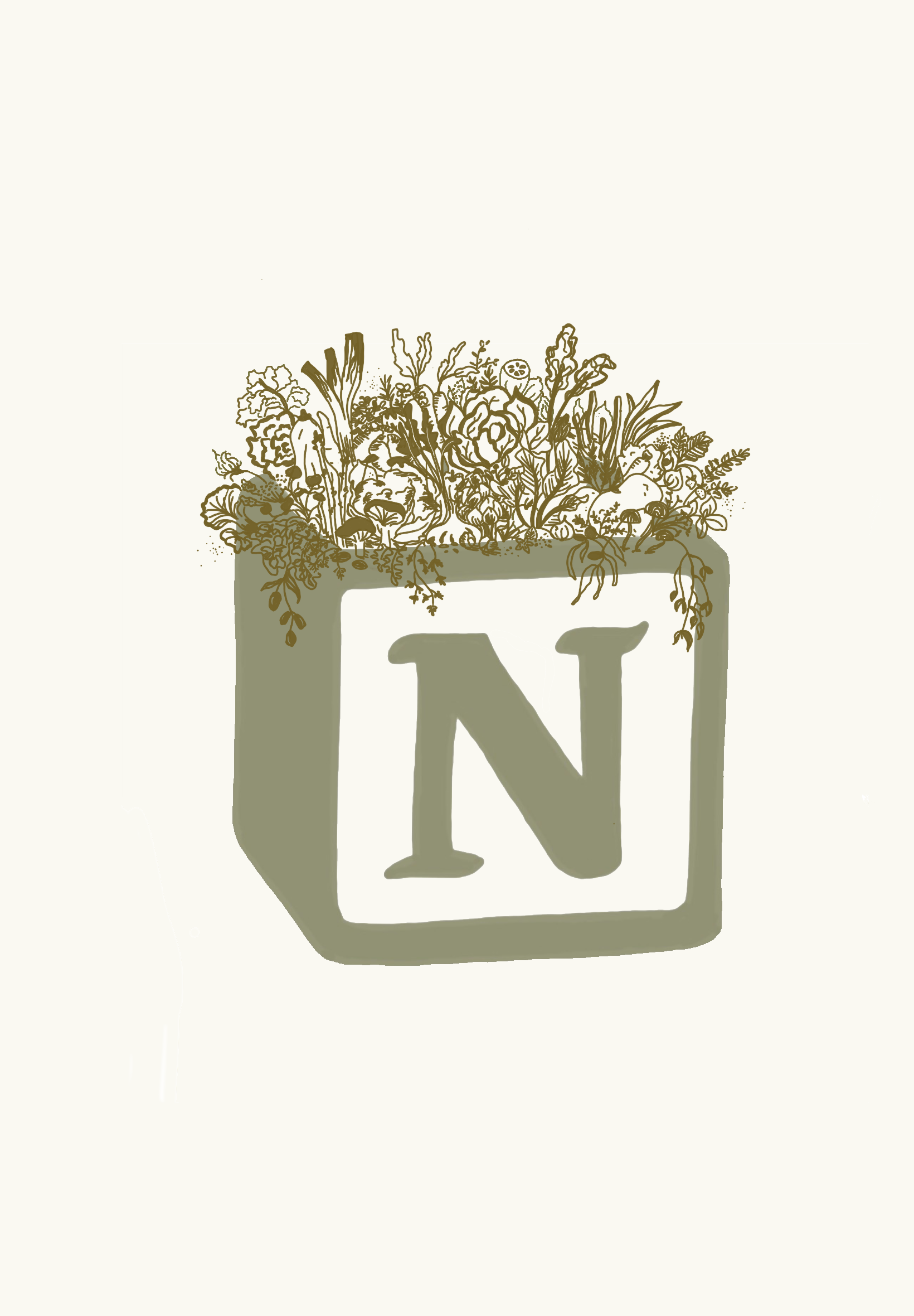 Stylized letter N with a plant and foliage design on top.
