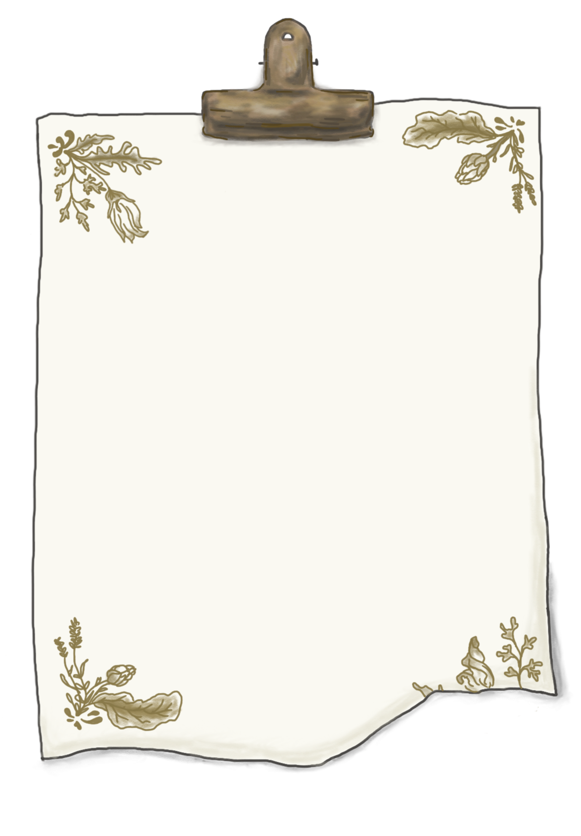 Decorative parchment paper with botanical illustrations in the corners, featuring flowers, leaves, and a snail at the bottom right.