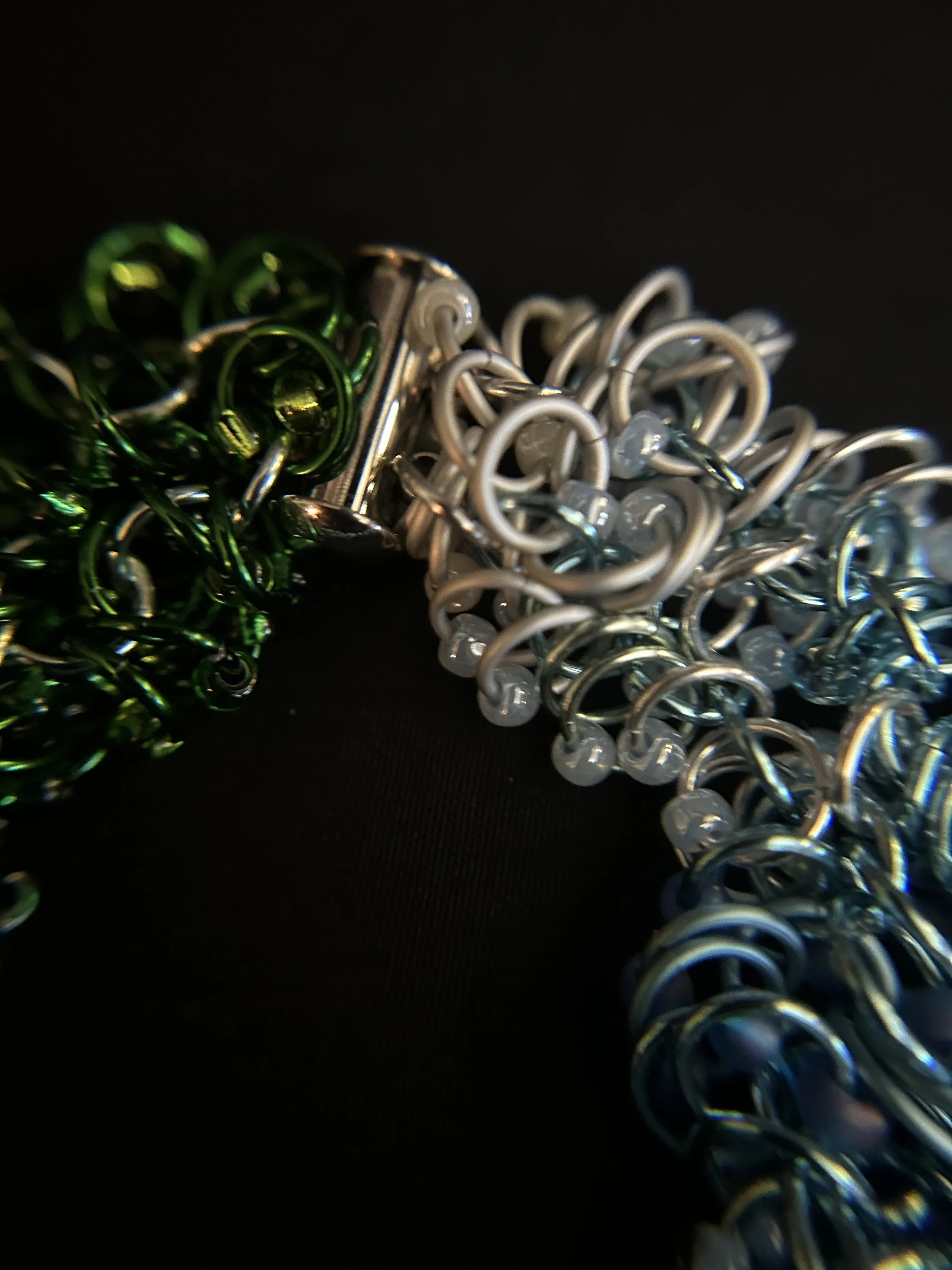 “Stainless steel slide‑lock clasp on the Blue Ridge Mountain Bracelet with aluminum rings and gradient colors.”