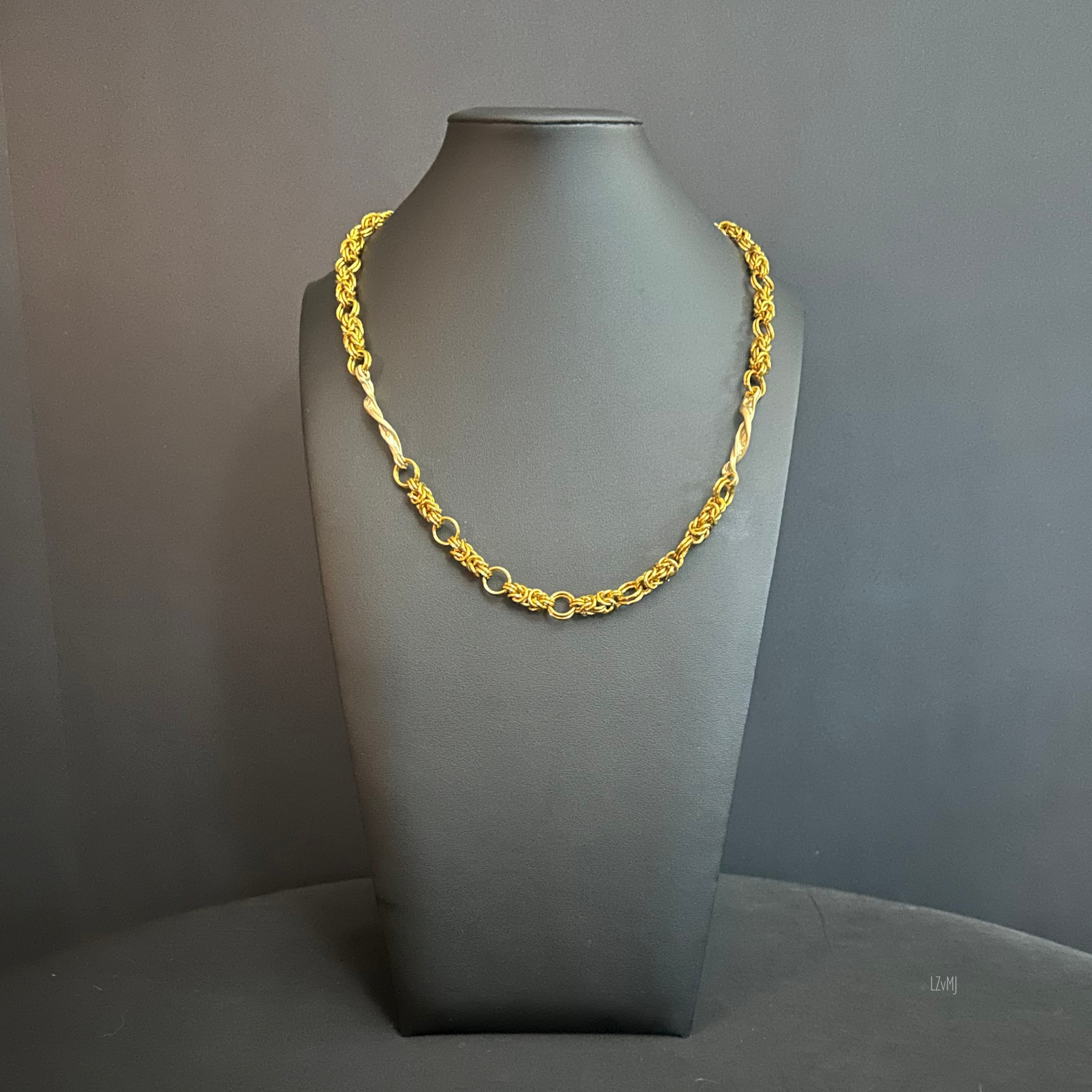 “Close-up of the gold‑plated twisters that shift the line of the chain.”