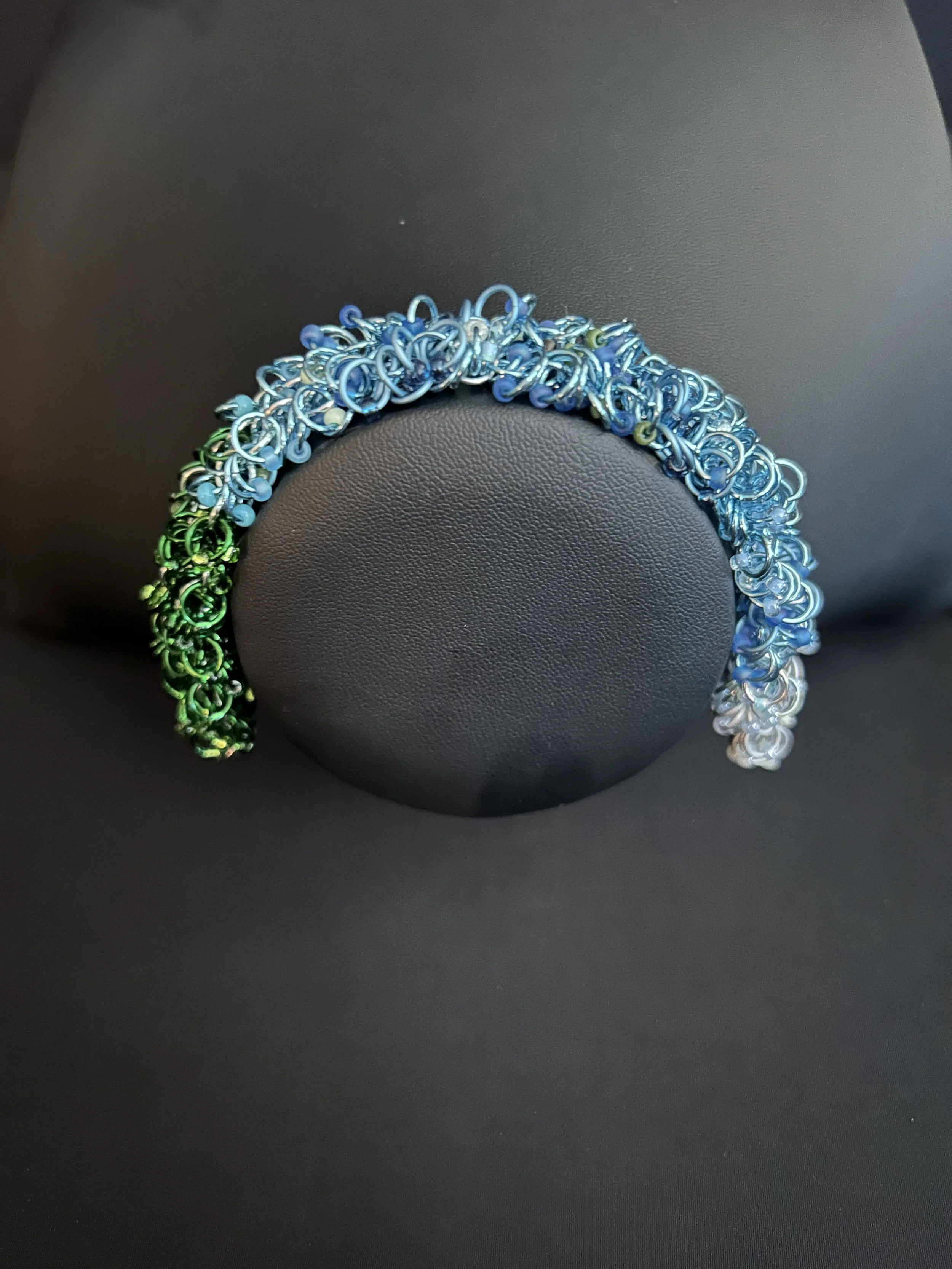 “Blue Ridge Mountain Bracelet — handwoven chainmaille in a forest‑to‑mist gradient with Miyuki 8/0 beads.”