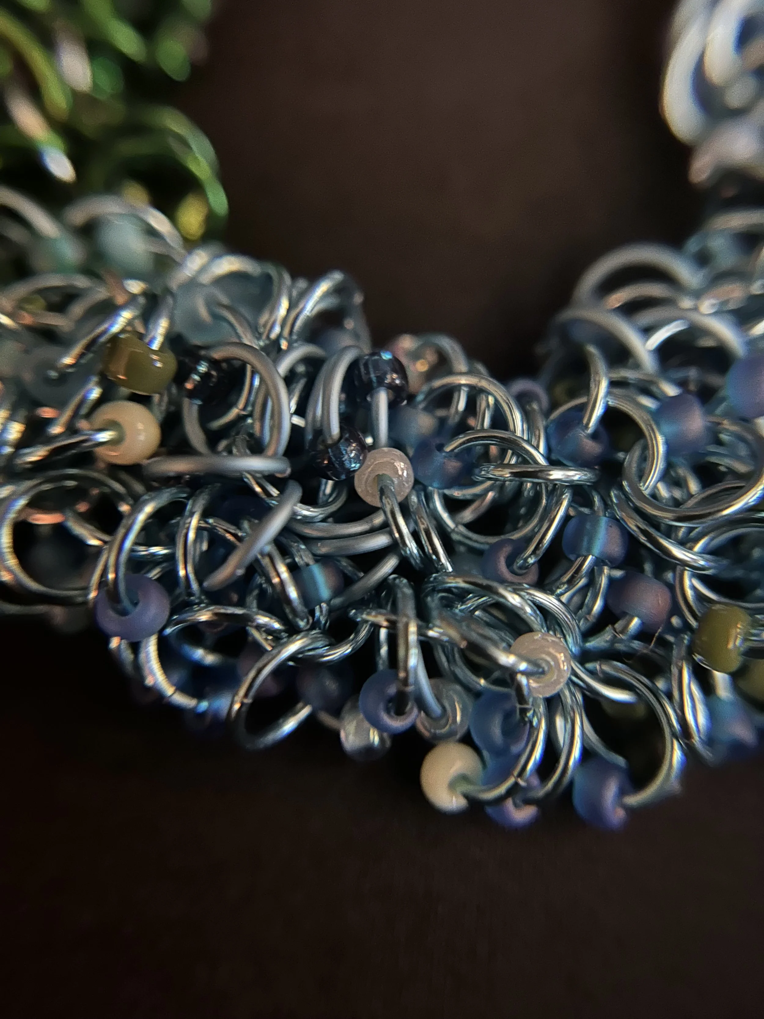 “Close‑up of the Blue Ridge Mountain Bracelet showing the two‑strand shaggy loop chainmaille weave and Miyuki 8/0 beads.”