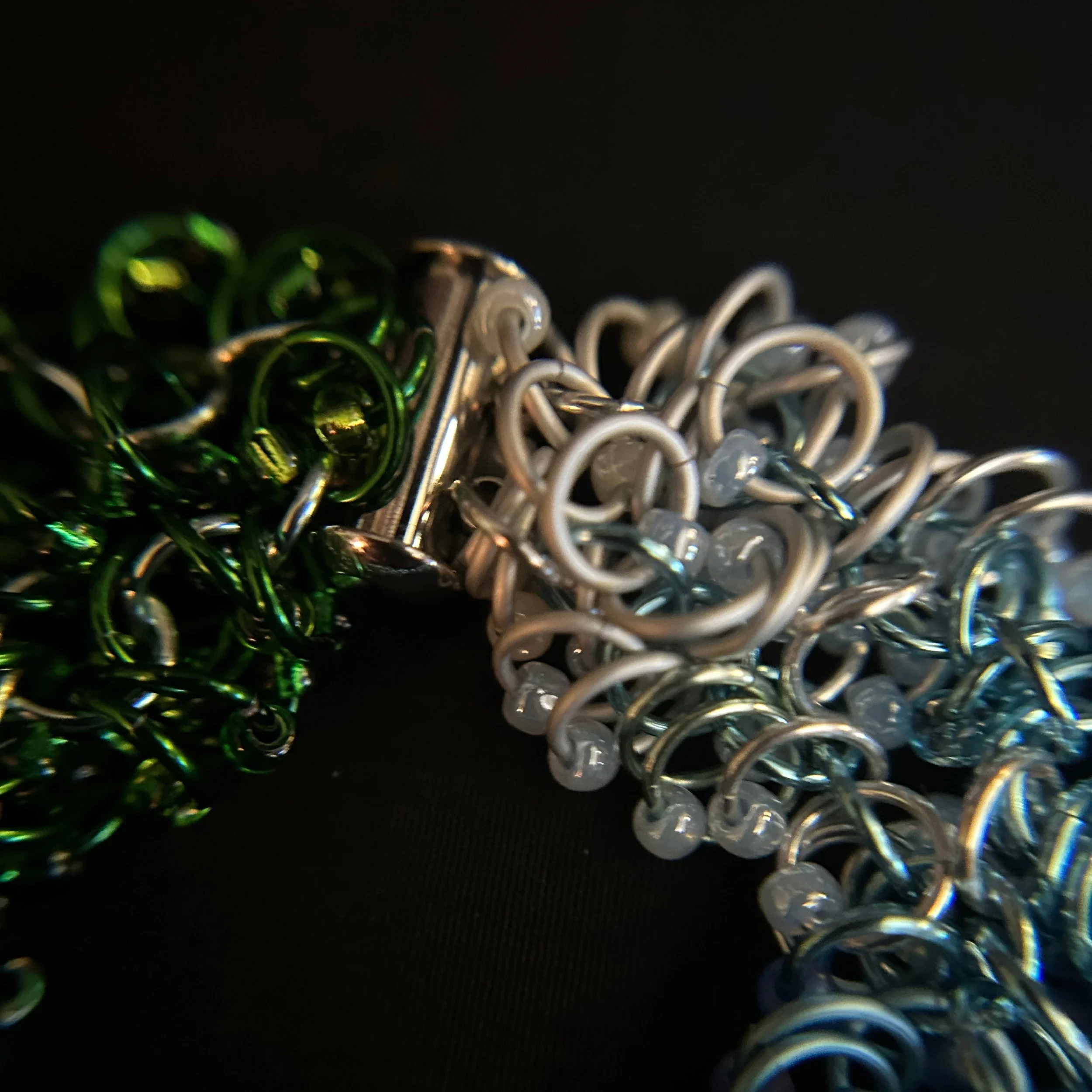“Close-up of the slide‑lock clasp and safety chain on the Blue Ridge Mountain bracelet.”