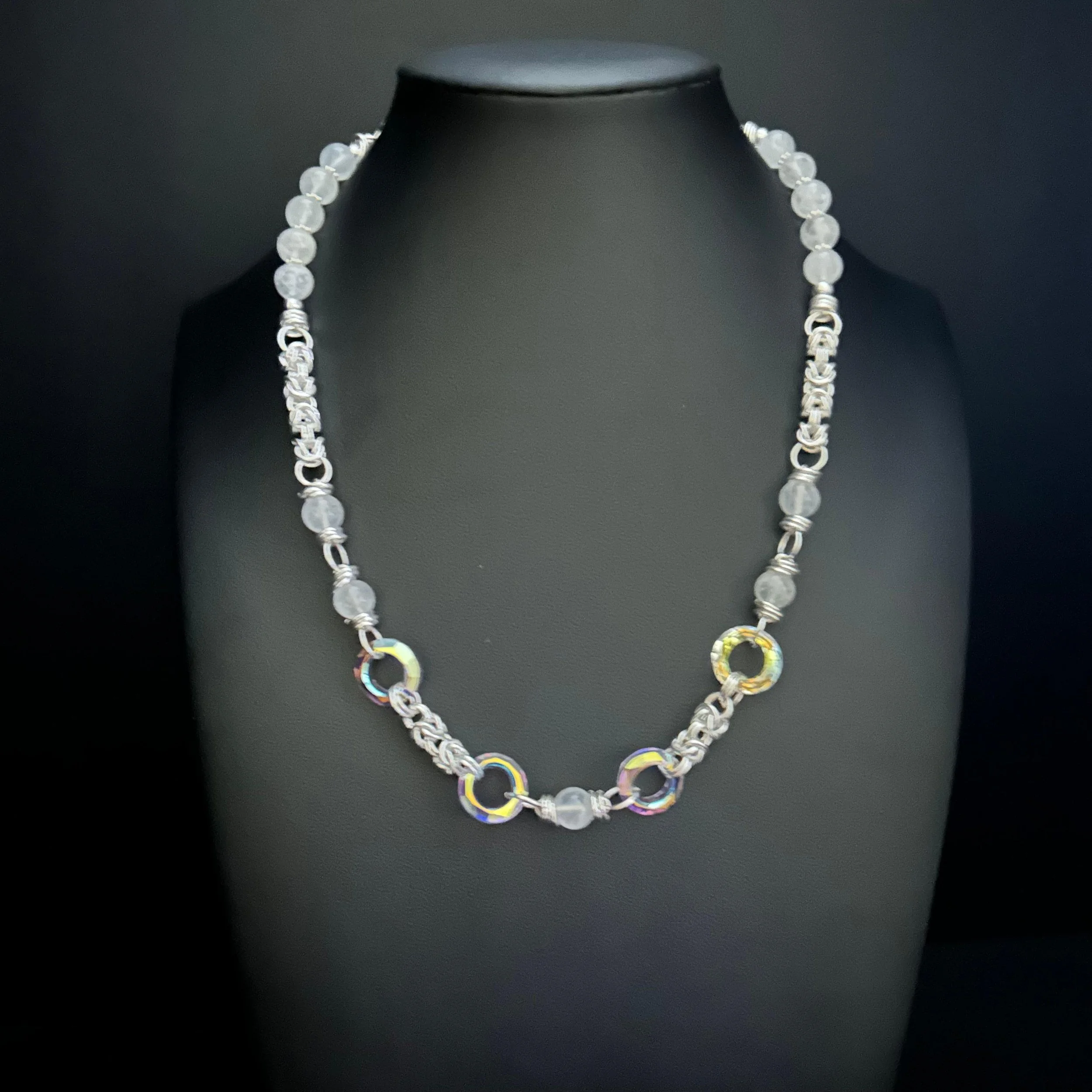 Silver Starlight necklace with moonstone, Swarovski crystals, and Byzantine sterling silver shown as the main hero image.