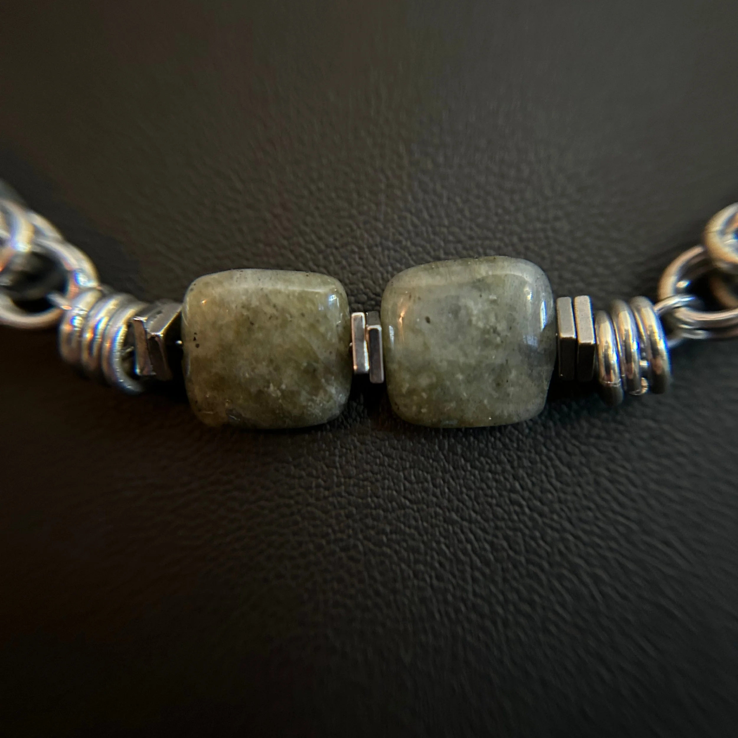 Detail of the Moonline necklace with two square labradorite stones framed by silver coil spacers and chainmaille links