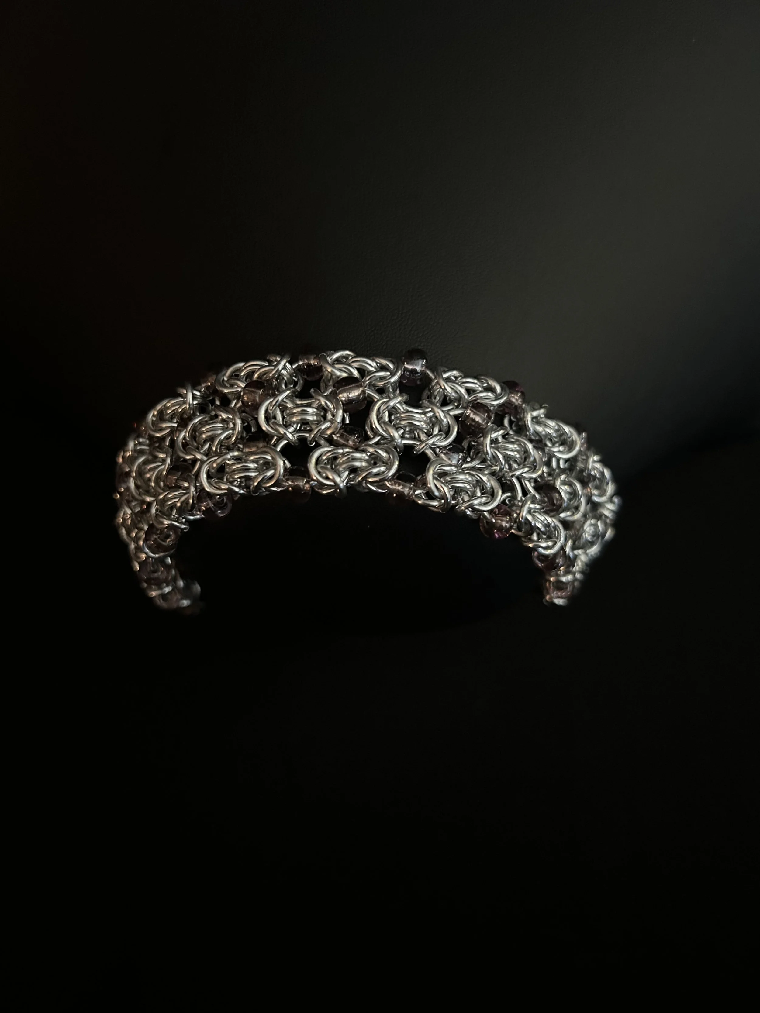 Silver Byzantine chainmaille with purple beads