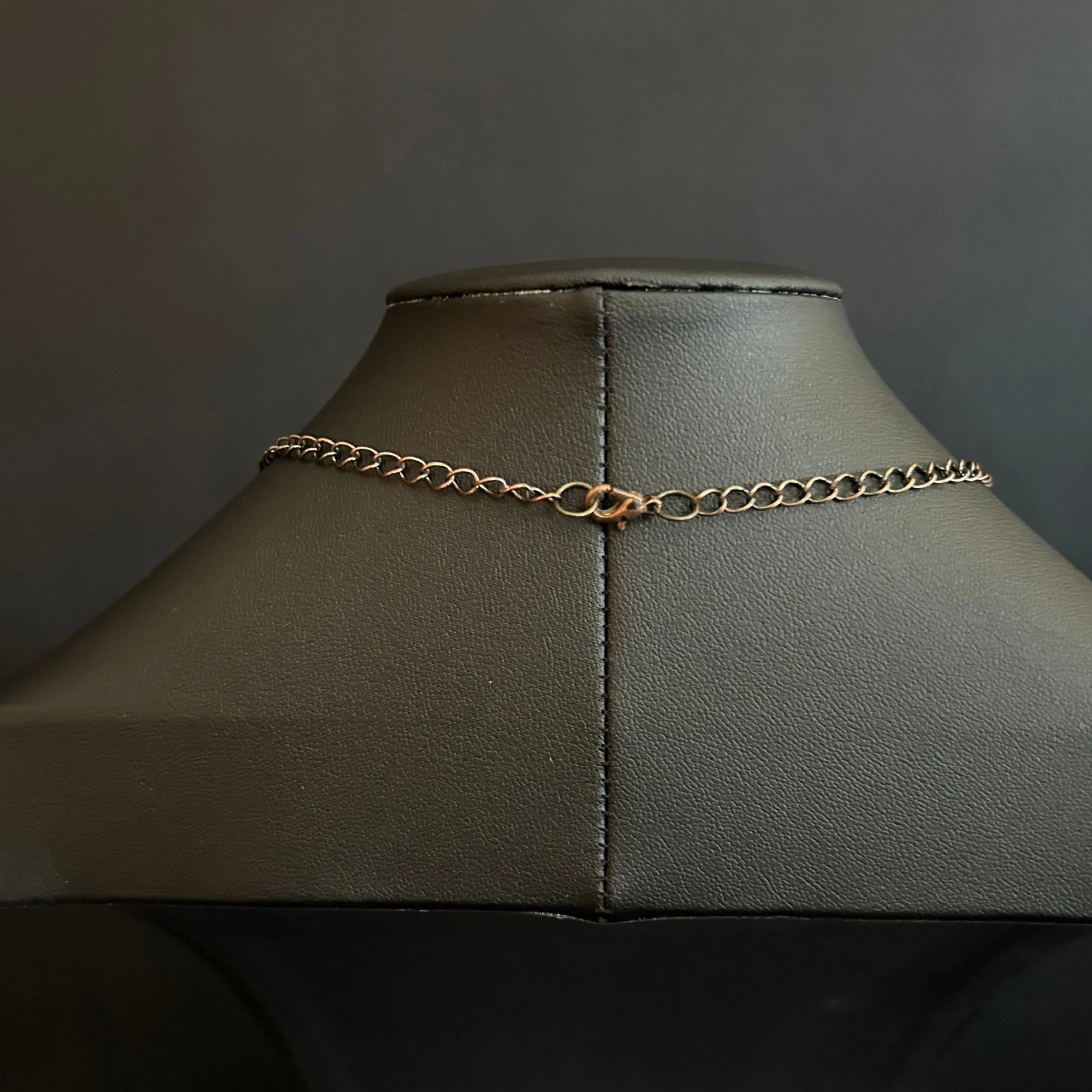 “Close-up of the bronze lobster clasp and chain links.”