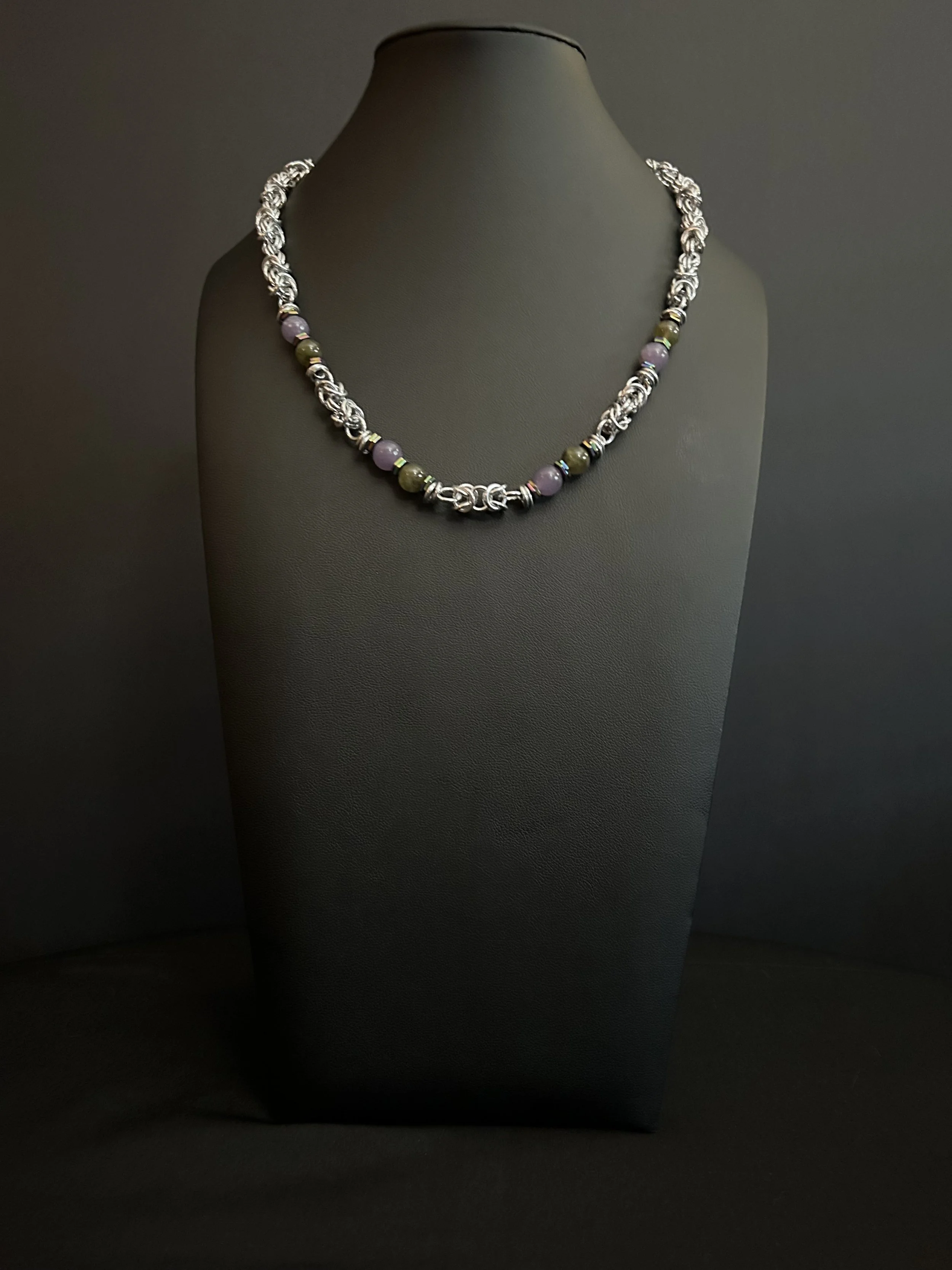 Handcrafted labradorite and lepidolite necklace with chainmaille accents, 20 inches.