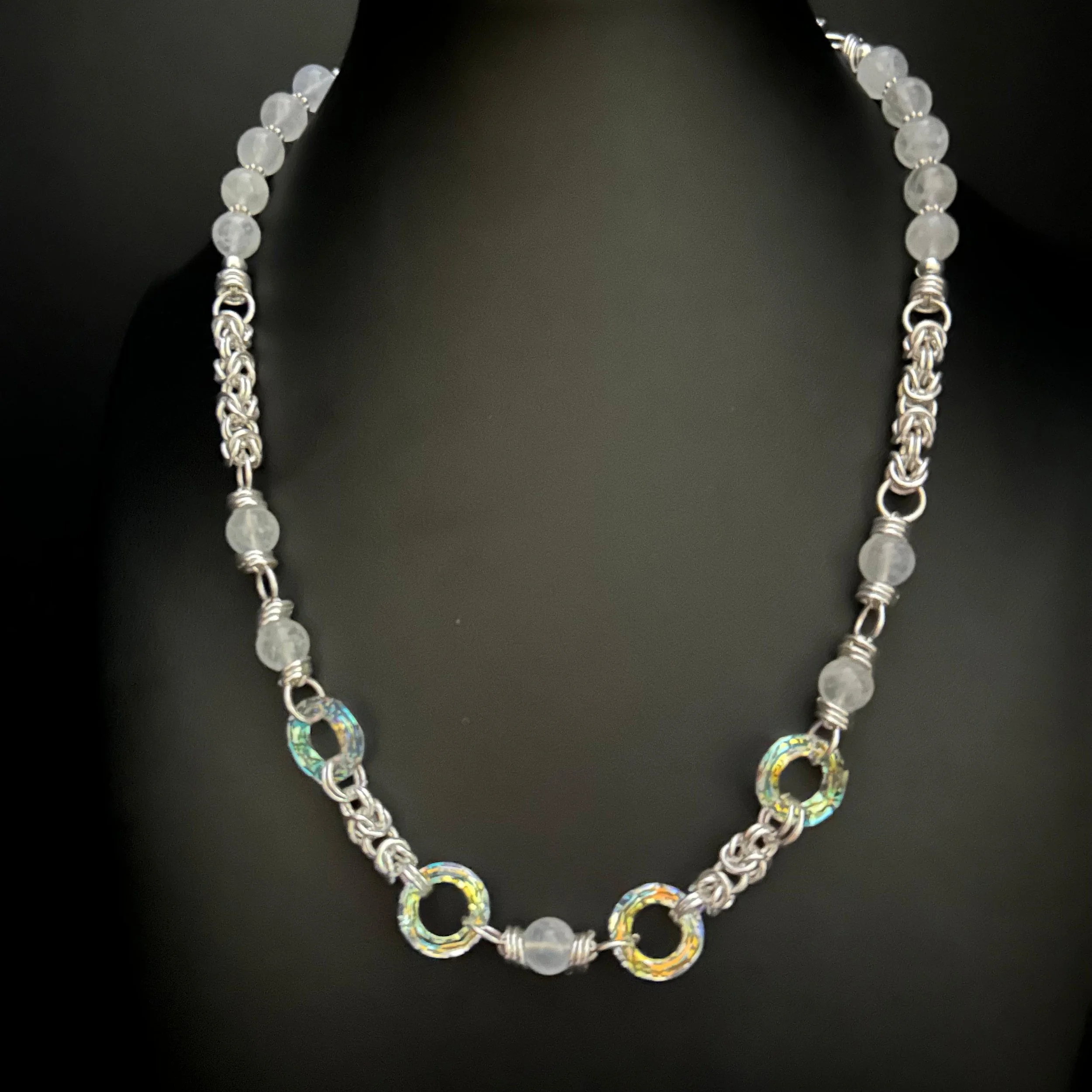 Silver Starlight necklace with moonstone, Swarovski crystals, and Byzantine sterling silver shown as the main hero image.