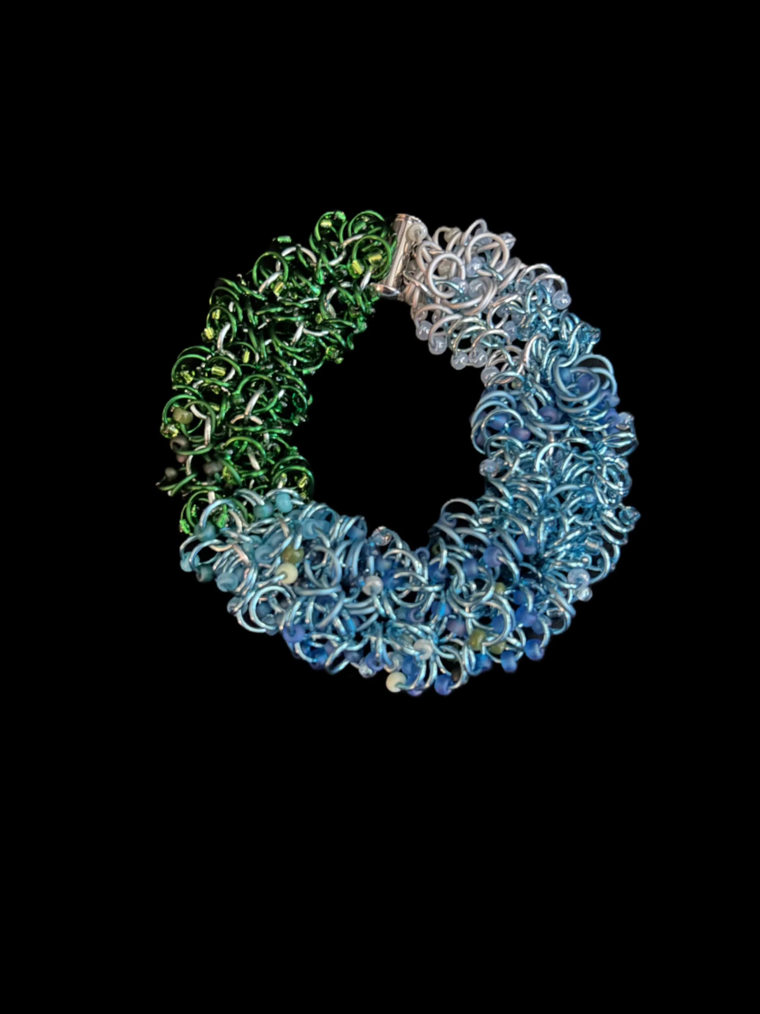 Blue Ridge Mountain Bracelet — handwoven chainmaille in a forest‑to‑mist gradient with Miyuki 8/0 beads