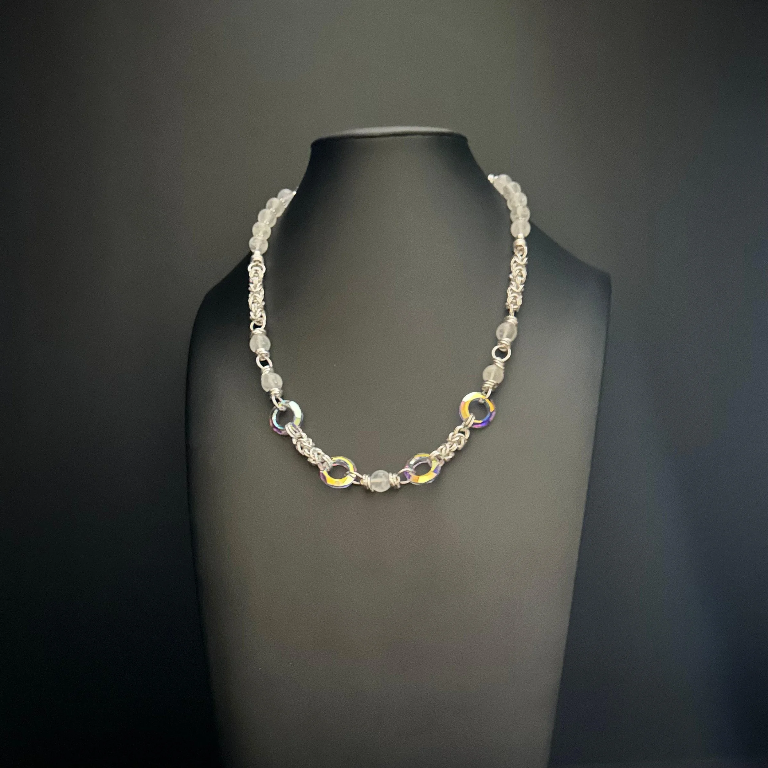 Full 18-inch view of the Silver Starlight necklace featuring moonstone beads, Swarovski crystals, and a sterling Byzantine chain section.