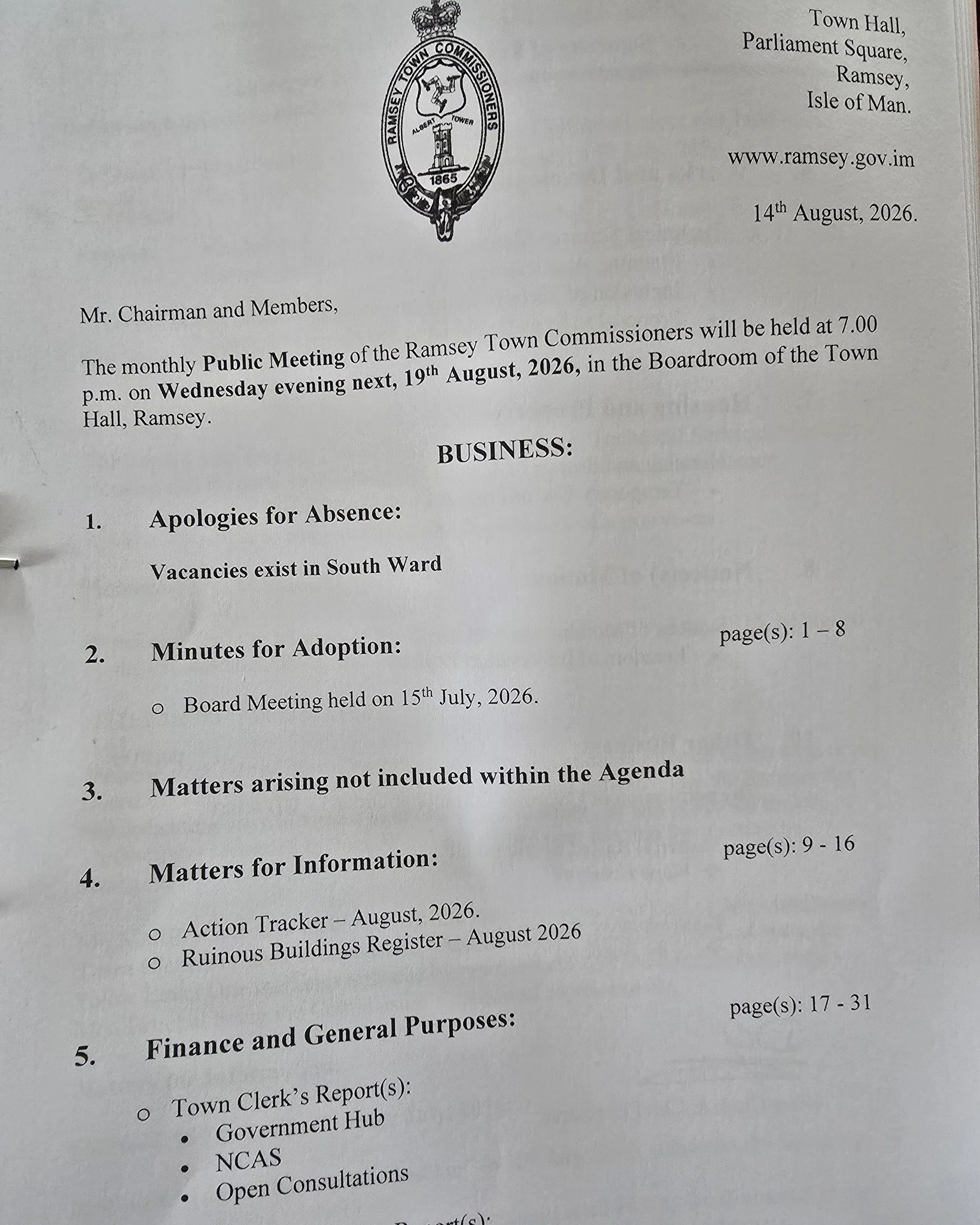 A slightly last minute one, but I&rsquo;ll be live on this Facebook page tonight at 9pm for a Q&amp;A.

Ramsey Town Commissioners have our monthly Board meeting tomorrow night at 7pm, so I&rsquo;ll be working my way through the Board pack beforehand 