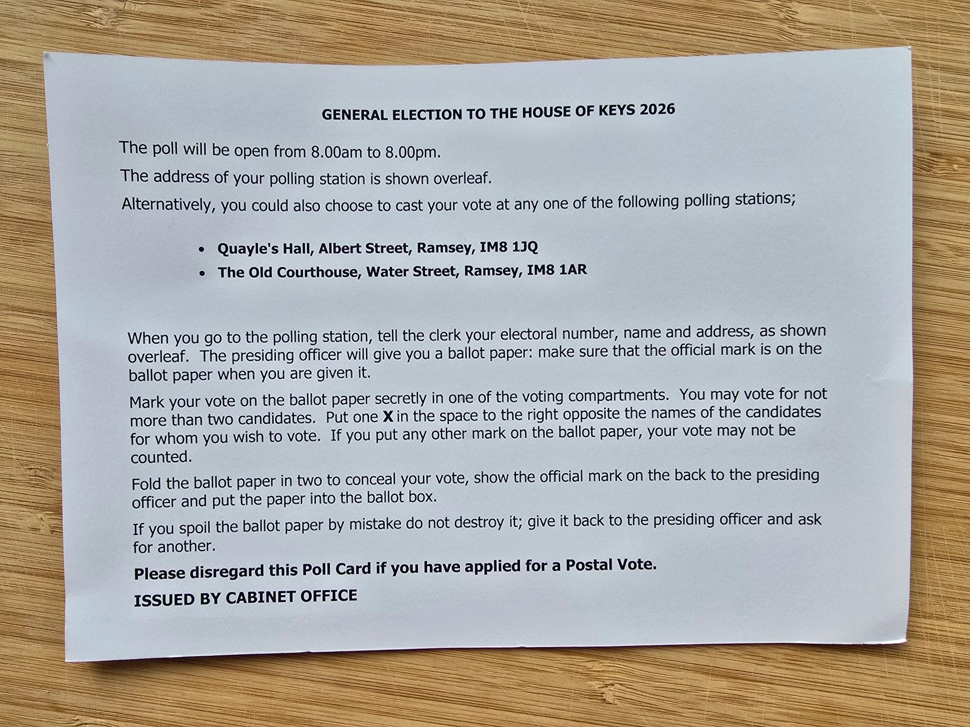 Election day

A few useful bits of information for anyone voting in Ramsey today.

Polls are open from 8am until 8pm.

There are two polling stations:

📍 Quayle&rsquo;s Hall, Albert Street
📍 The Old Courthouse, Water Street

You can vote at either 