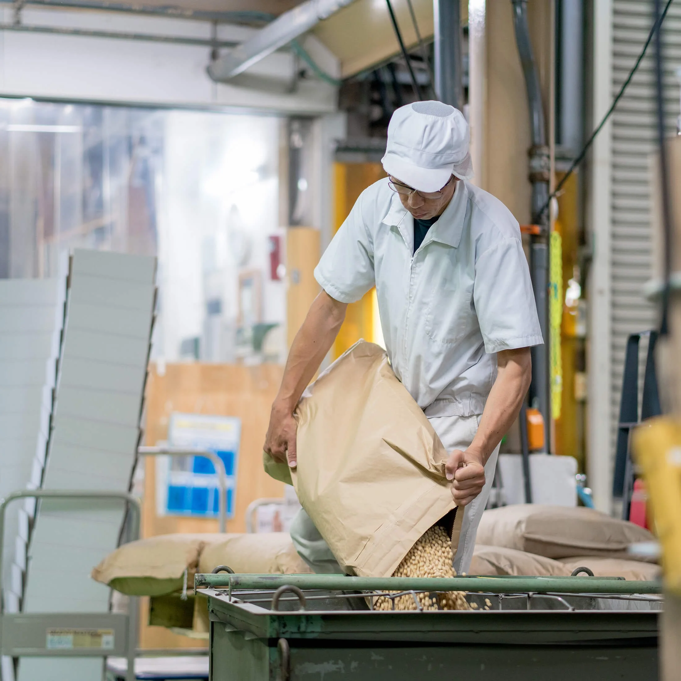 A worker wearing a white outfit and hat in a factory or processing plant, handling a large bag of soybeans or similar beans over a conveyor belt.