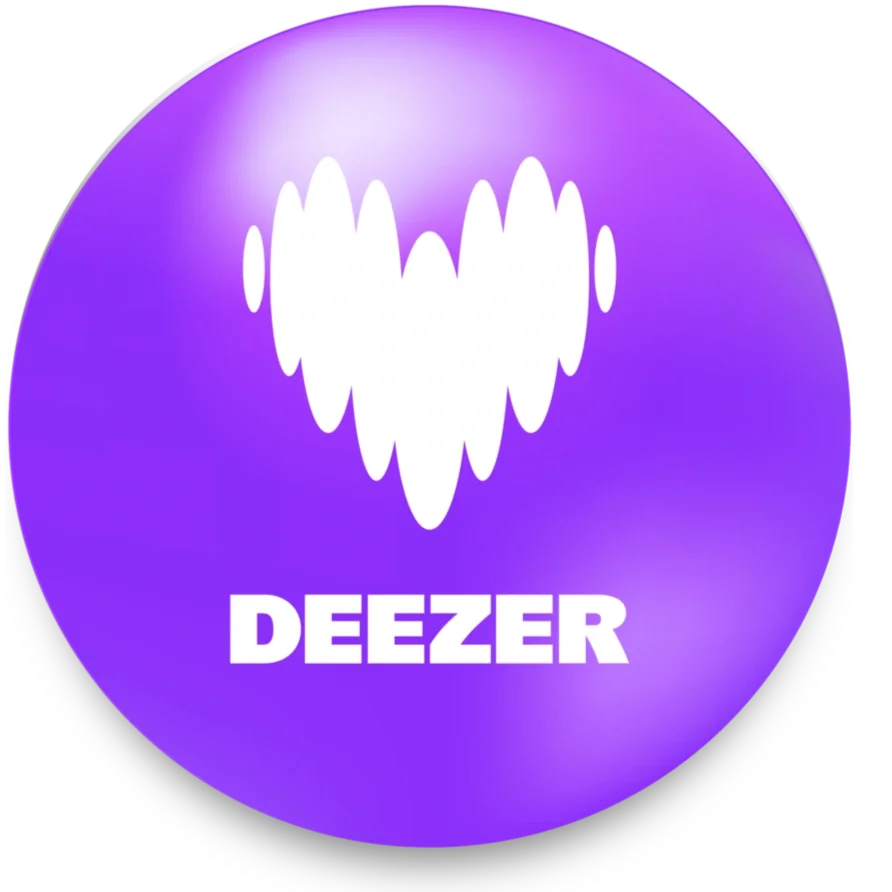 Purple circular logo with a white heart-shaped soundwave graphic and the word "Deezer" in white text below the graphic.