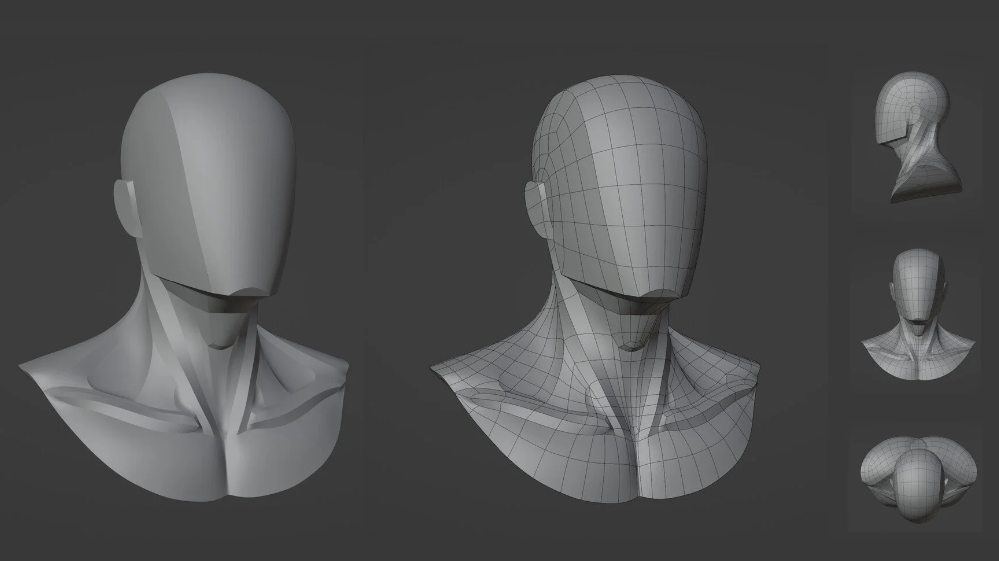 Neck bust 3D model wireframe topology shown from nine angles — Blender and ZBrush compatible