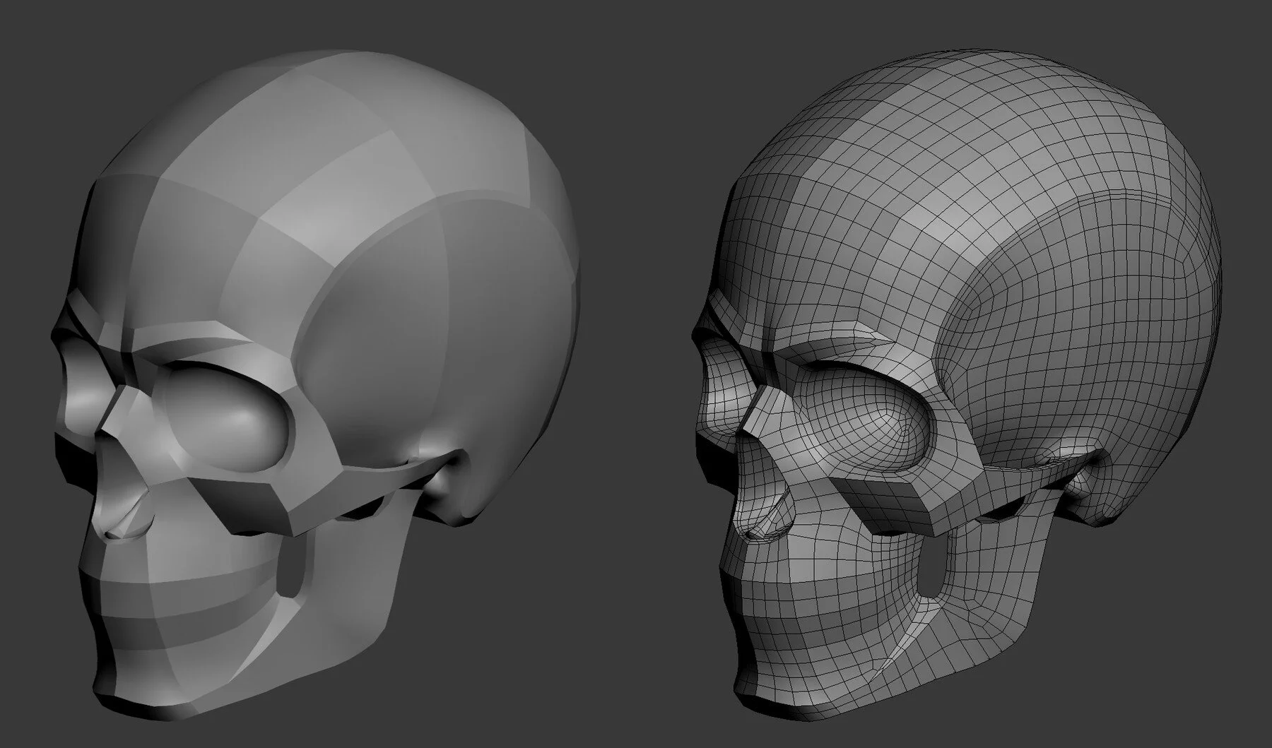 Planar skull 3D model and wireframe topology — clean mesh for ZBrush and Blender