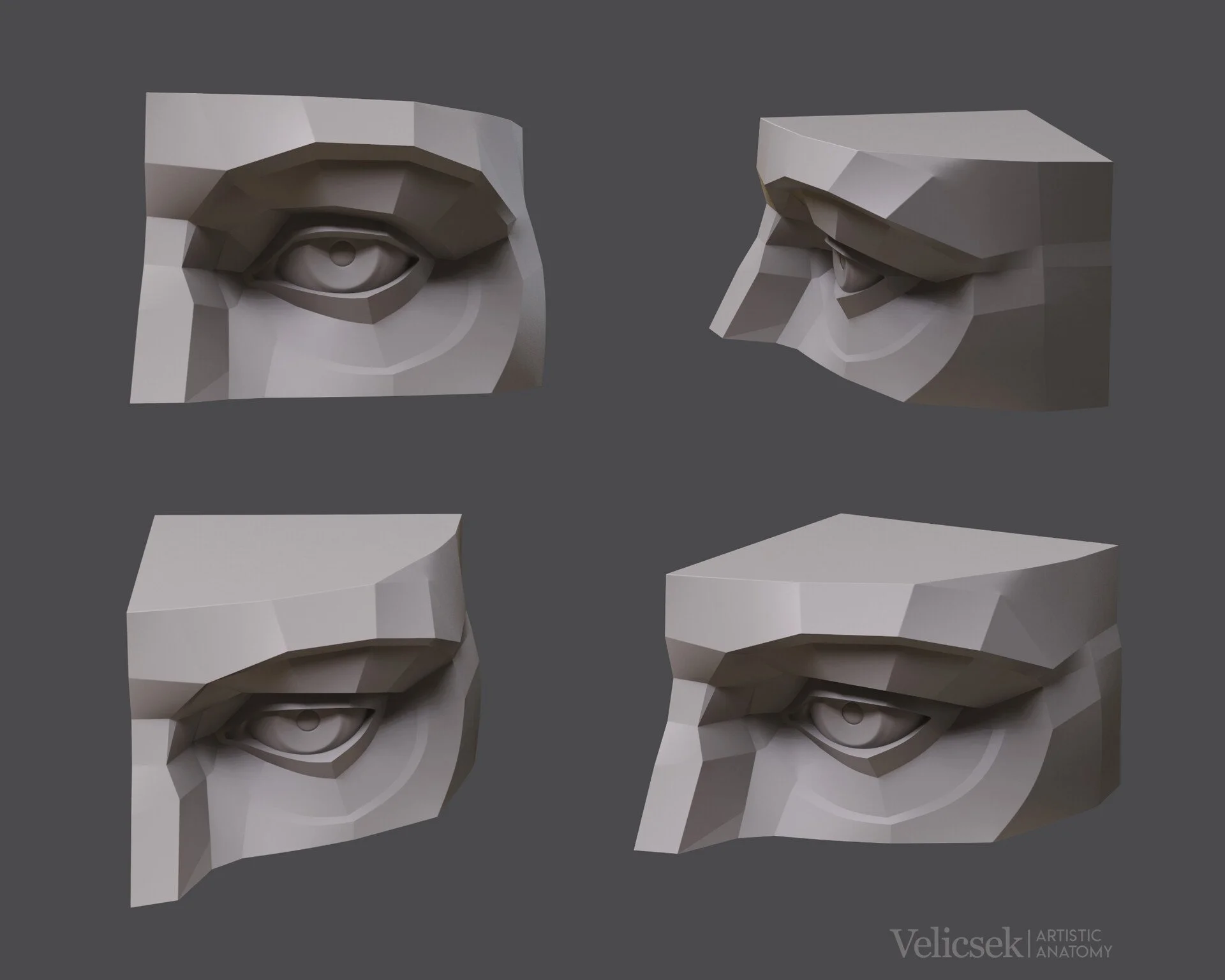 Four-angle planar model of the human eye for artists showing front, three-quarter, and side views of the eye socket and brow ridge broken into primary geometric planes for portrait drawing and sculpting reference