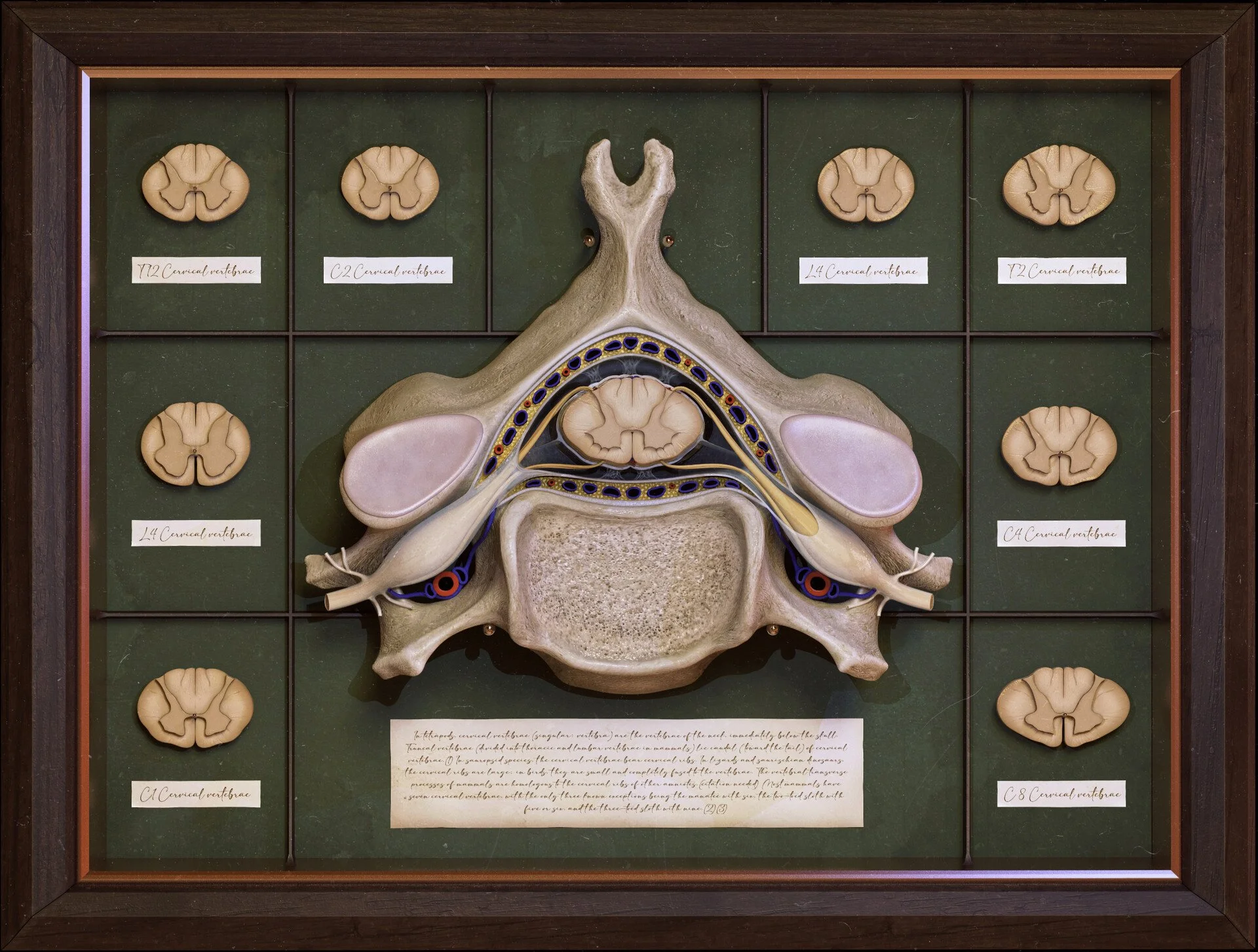 Medical illustration of the C5 cervical vertebra posterior superior view with detailed cross sections, rendered in ZBrush and Keyshot