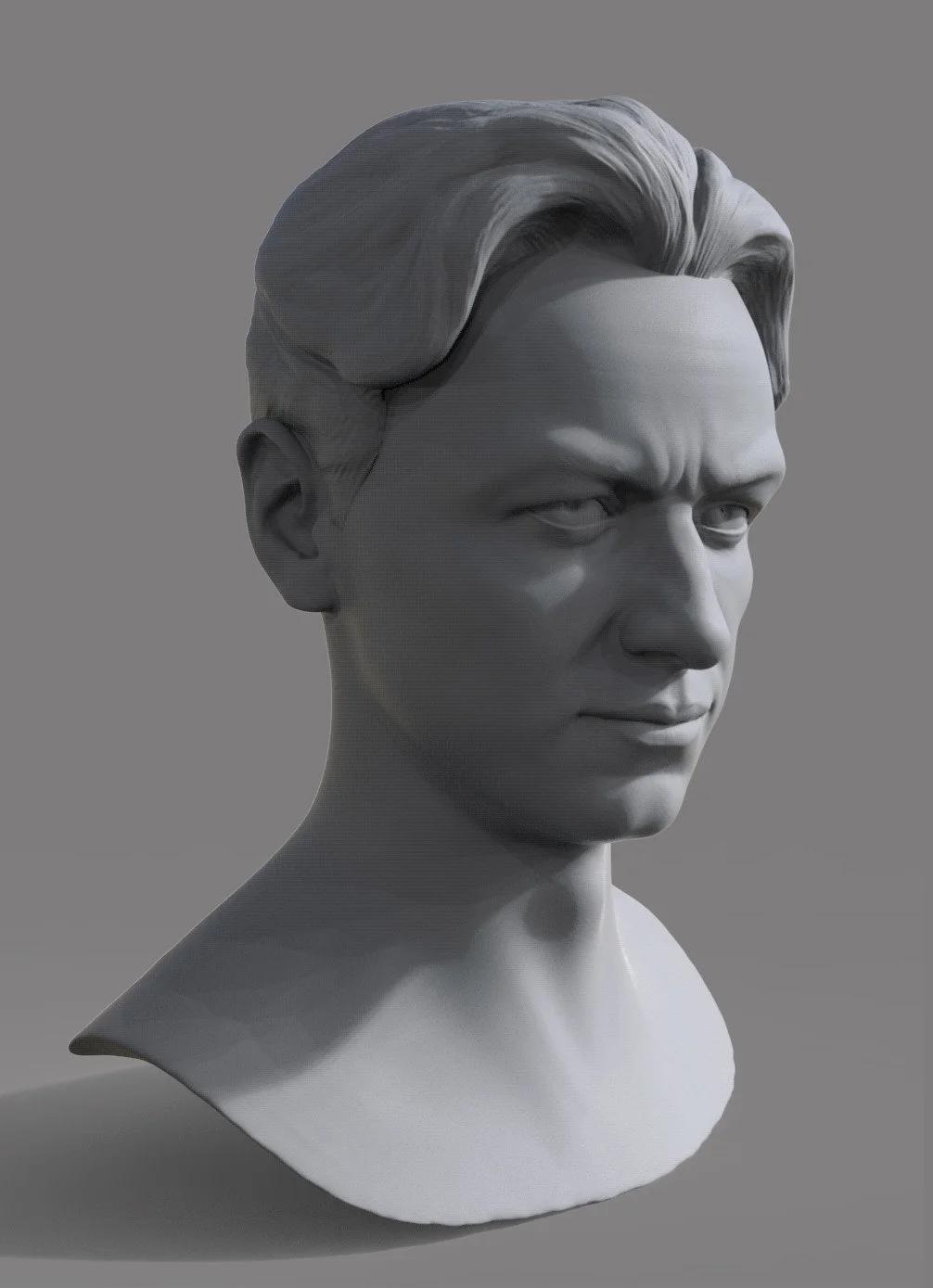 Three-quarter view of a detailed 3D digital portrait sculpt of actor James McAvoy by Velicsek Artistic Anatomy, showing expressive brow tension, hair detail, and facial anatomy in a grey clay render