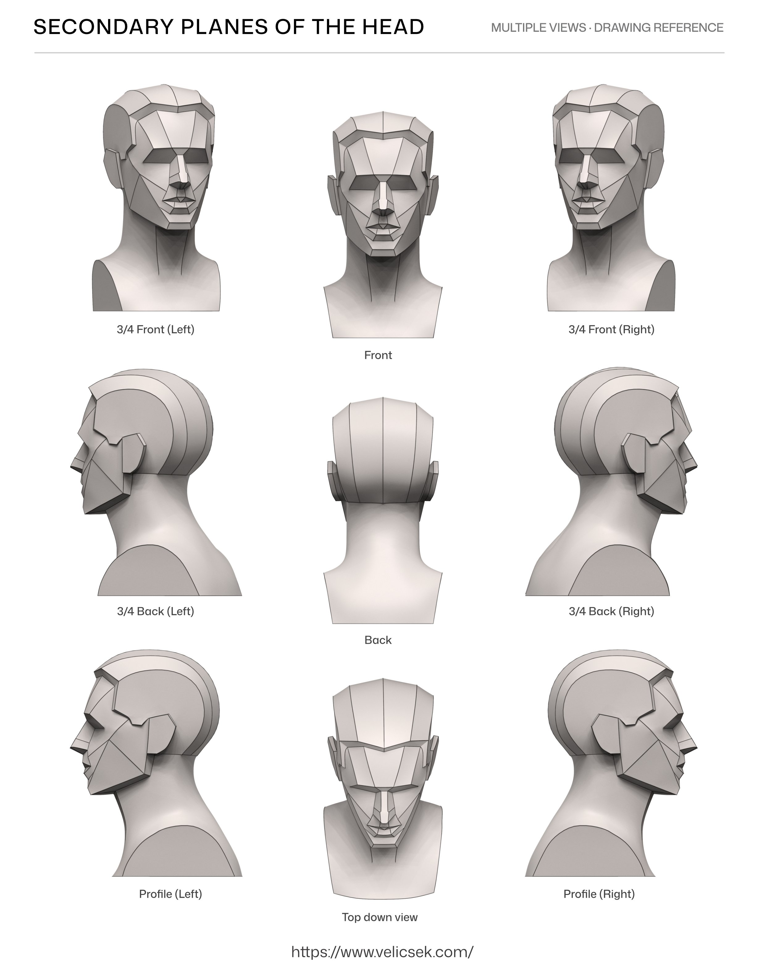 Detailed secondary planes of the head reference sheet showing a faceted 3D head model with brow, nose, lips, cheeks and jaw planes in nine viewing angles.