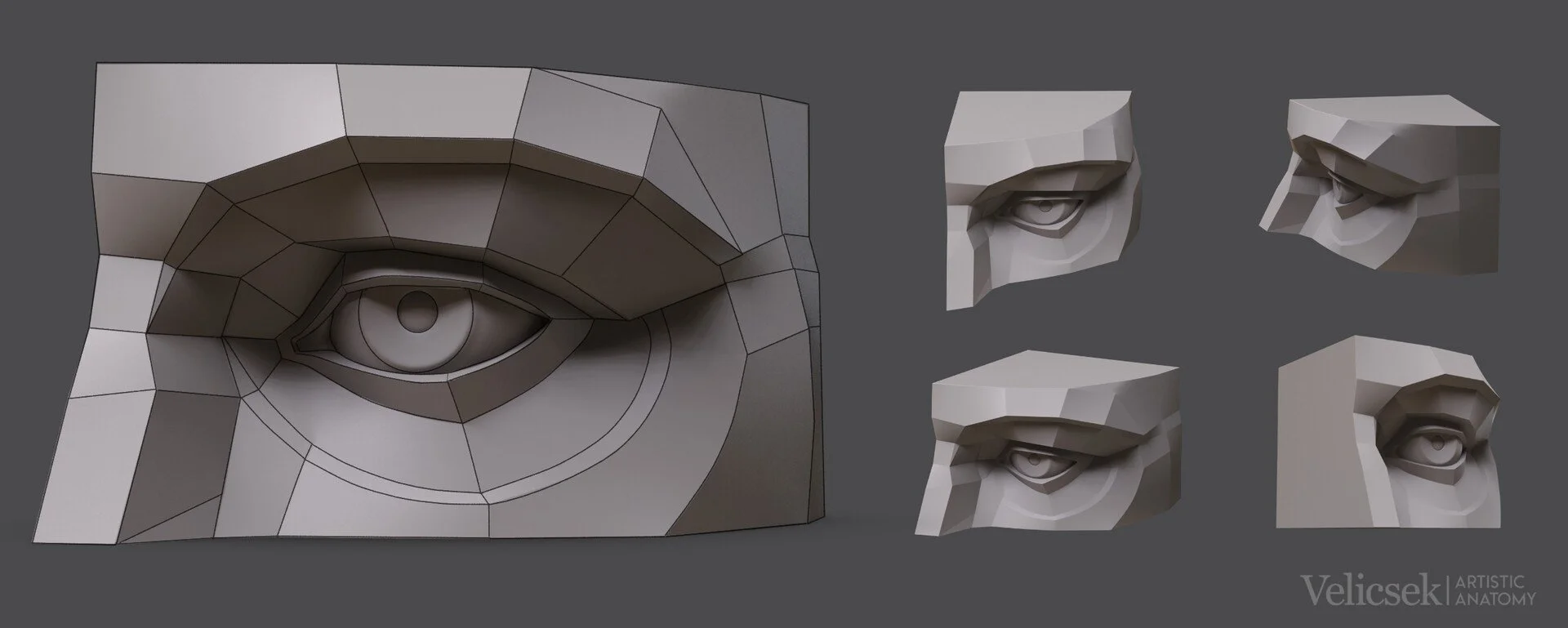 Multi-view planar breakdown of the human eye for artists showing a large annotated front view with plane outlines alongside four smaller three-quarter and side angle studies, illustrating the geometric structure of the eye socket and brow for portrai