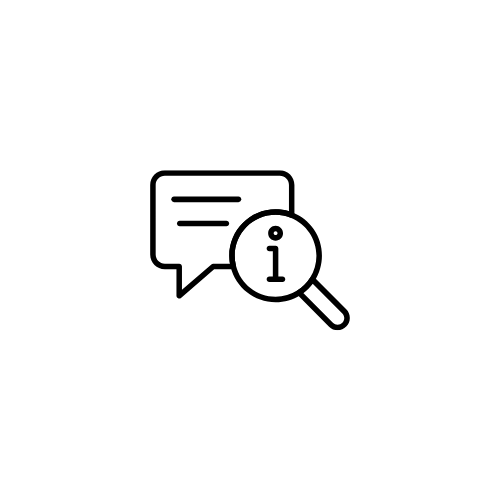 Icon of a speech bubble with text lines and a magnifying glass with an information symbol.
