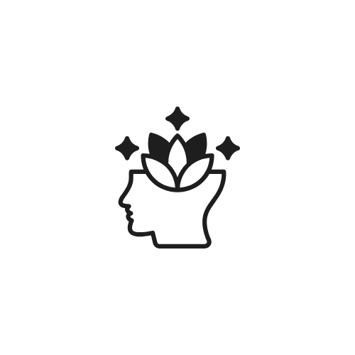 A graphic of a person's head with a lotus flower inside and sparkles above, symbolizing mindfulness or mental clarity.