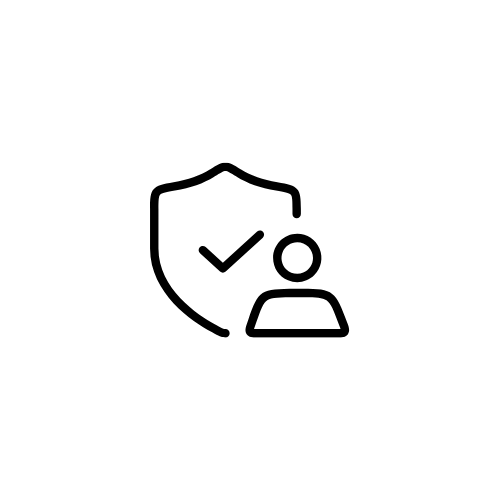 Icon of a shield with a checkmark beside a person figure, representing security or protection.