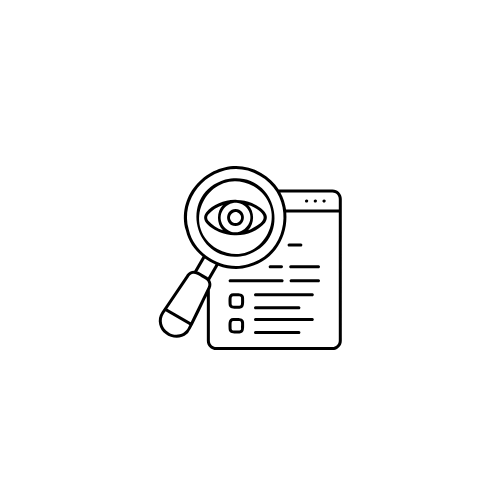 Icon of a magnifying glass with an eye inside it, positioned over a web page or document.