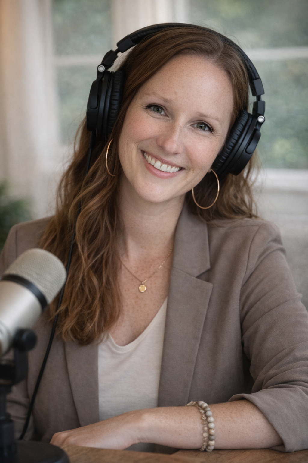 Amanda Lentz at the microphone recording Who We Become