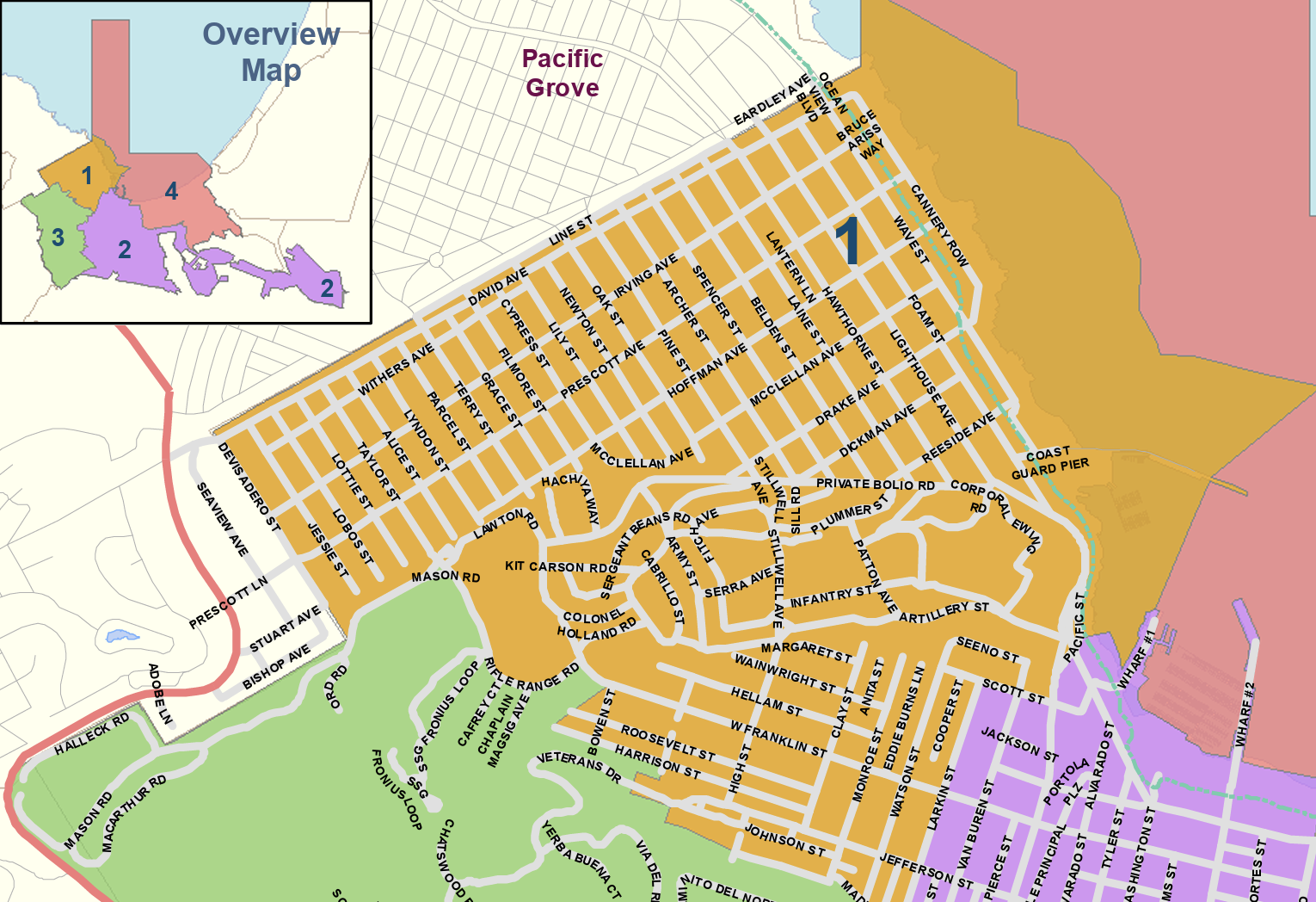 A map of Monterey District 1 which is boarded by the ocean, Pacific Grove, the area uphill from the Presidio and Larkin Street.