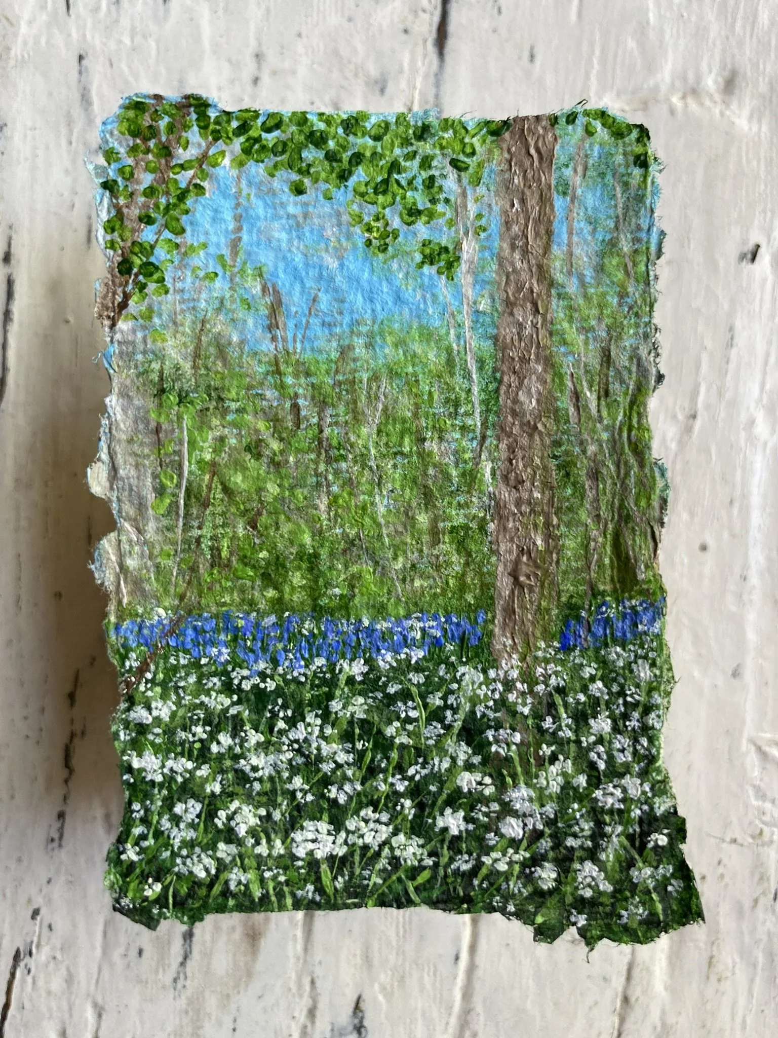 Miniature painting of Cow Parsley Woodland and Bluebells