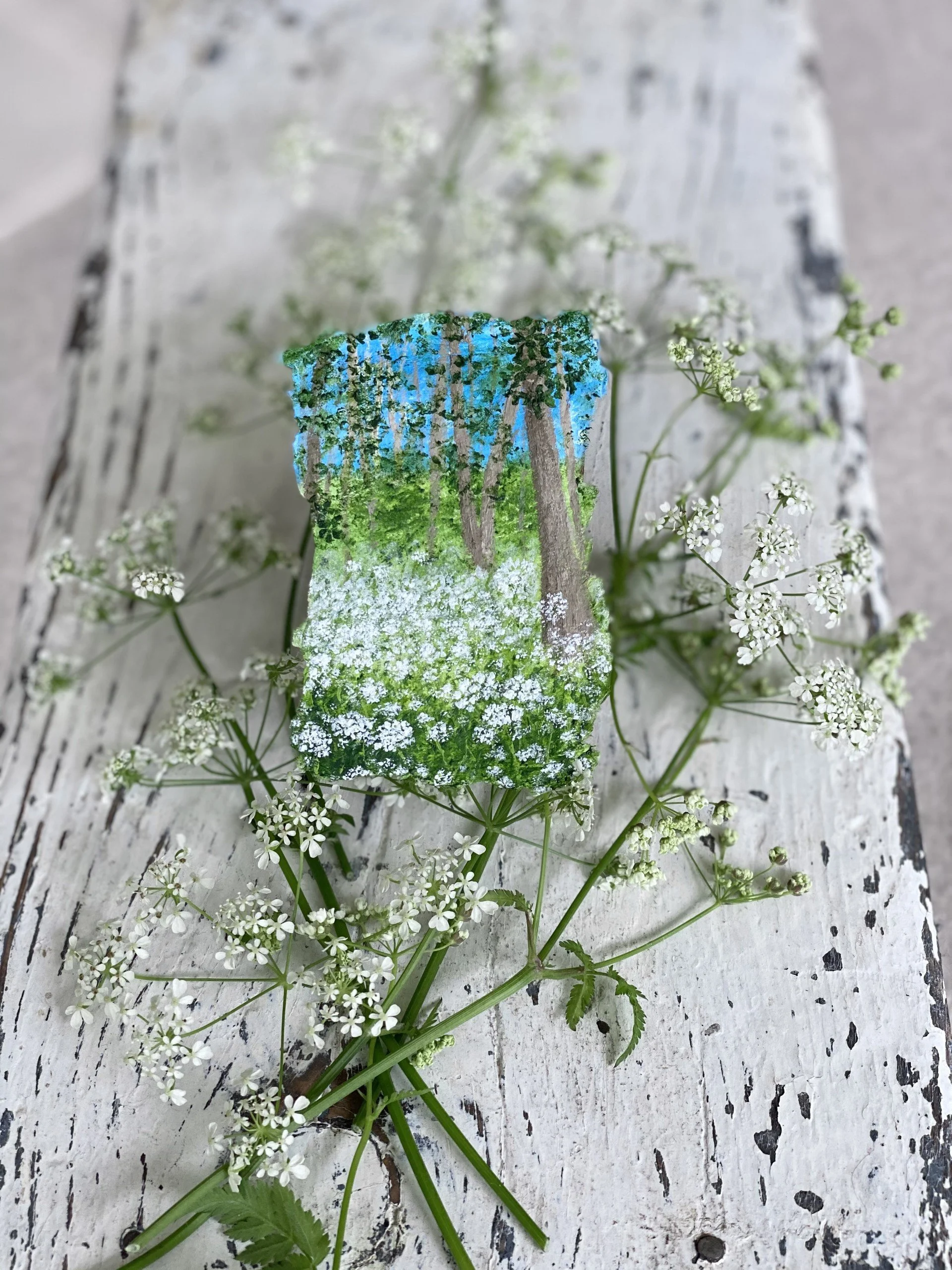 Miniature mini painting of billowing cow parsley in Sussex Woodland