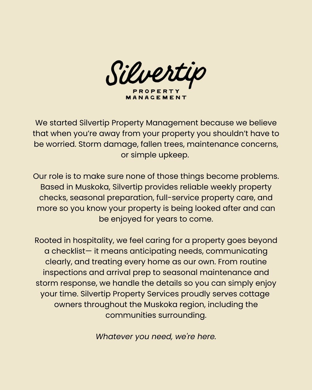 Who we are 🌲

#MuskokaPropertyManagement
#MuskokaCottageCare
#MuskokaHomeServices
#CottageMaintenanceMuskoka
#MuskokaSeasonalServices