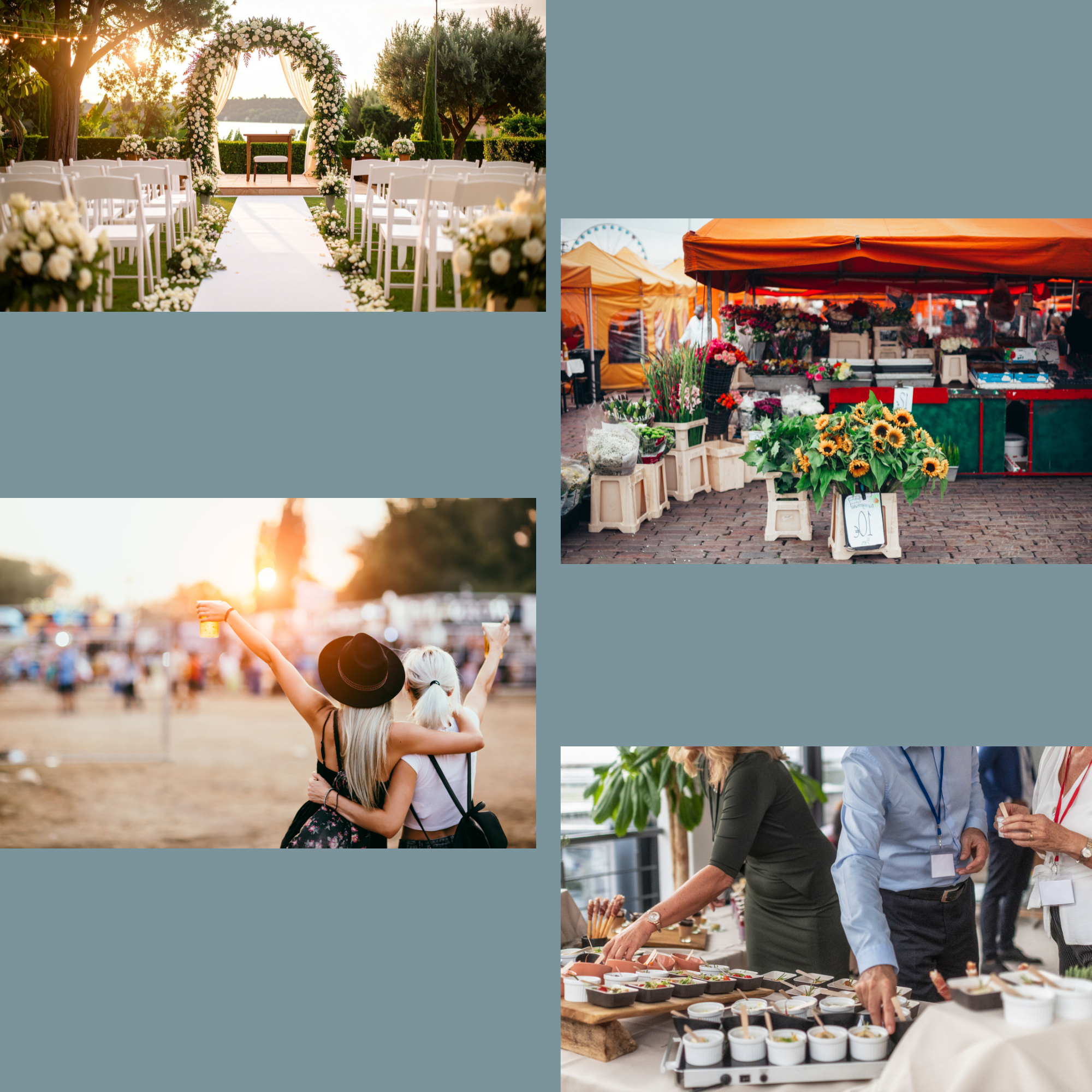 A collage of five images showing outdoor events and markets. The top left image depicts a wedding ceremony setup with white chairs, a floral arch, and a lakeside view at sunset. The top right image shows a flower market stall with sunflowers and various flowers in orange tents. The middle left image captures two women embracing at a festival or fair, with one wearing a hat and the other with white hair, holding drinks. The bottom right image features people at a catering or food service table with various dishes and a woman serving food.