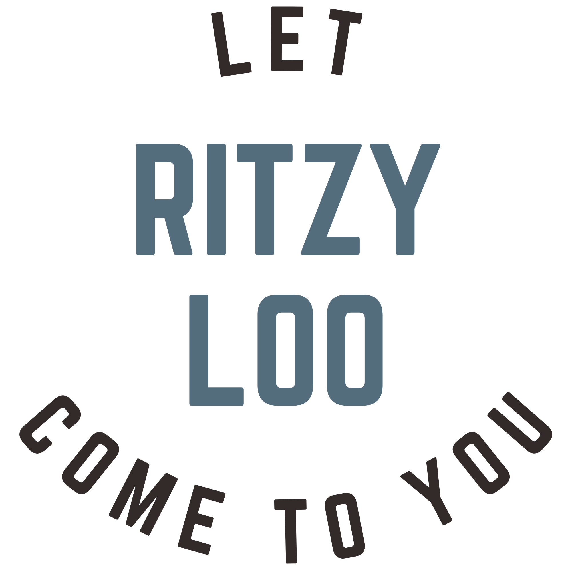 Text saying "Let Ritzy Loo Come to You" with a black background and blue and gray lettering. Luxury restroom trailer