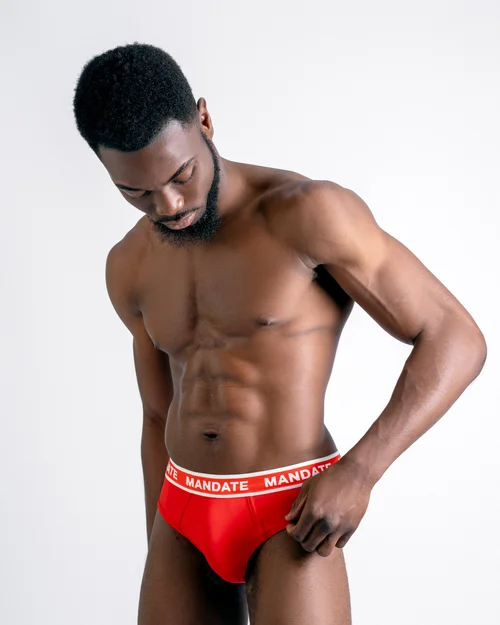 Red Mandate swim brief, studio shot